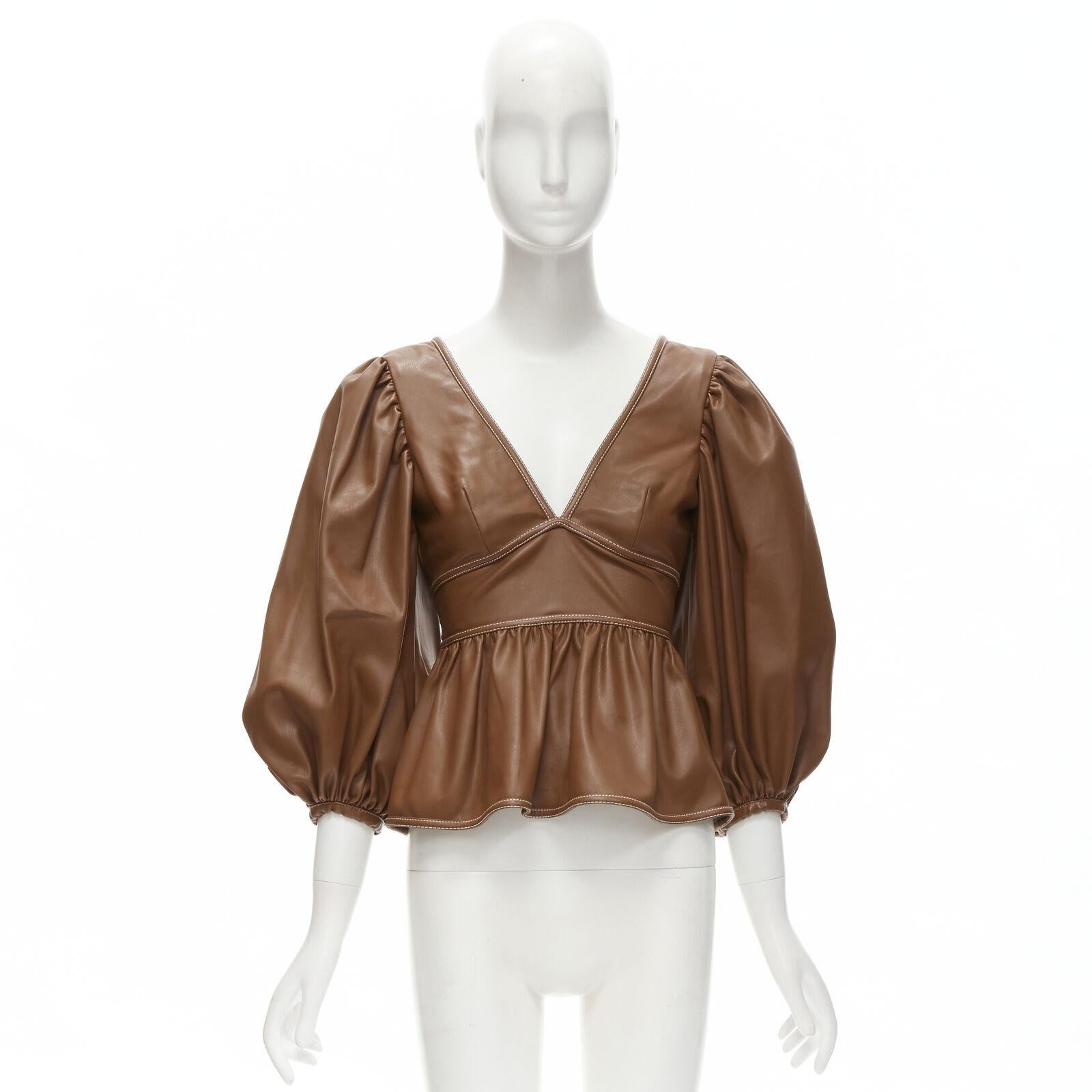 STAUD Luna tan brown vegan faux leather plunge neck puff sleeve top US0 XS For Sale 5