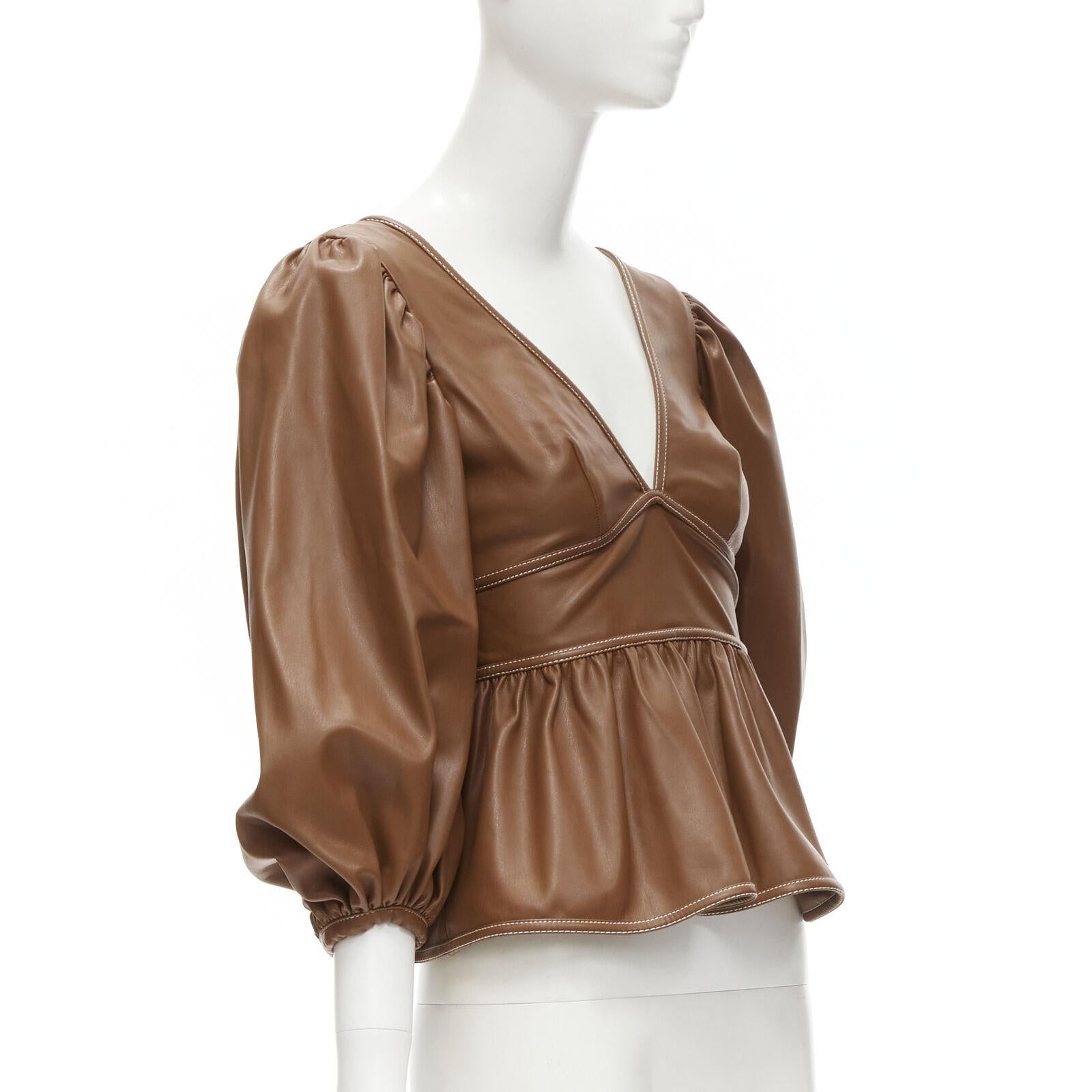 Brown STAUD Luna tan brown vegan faux leather plunge neck puff sleeve top US0 XS For Sale