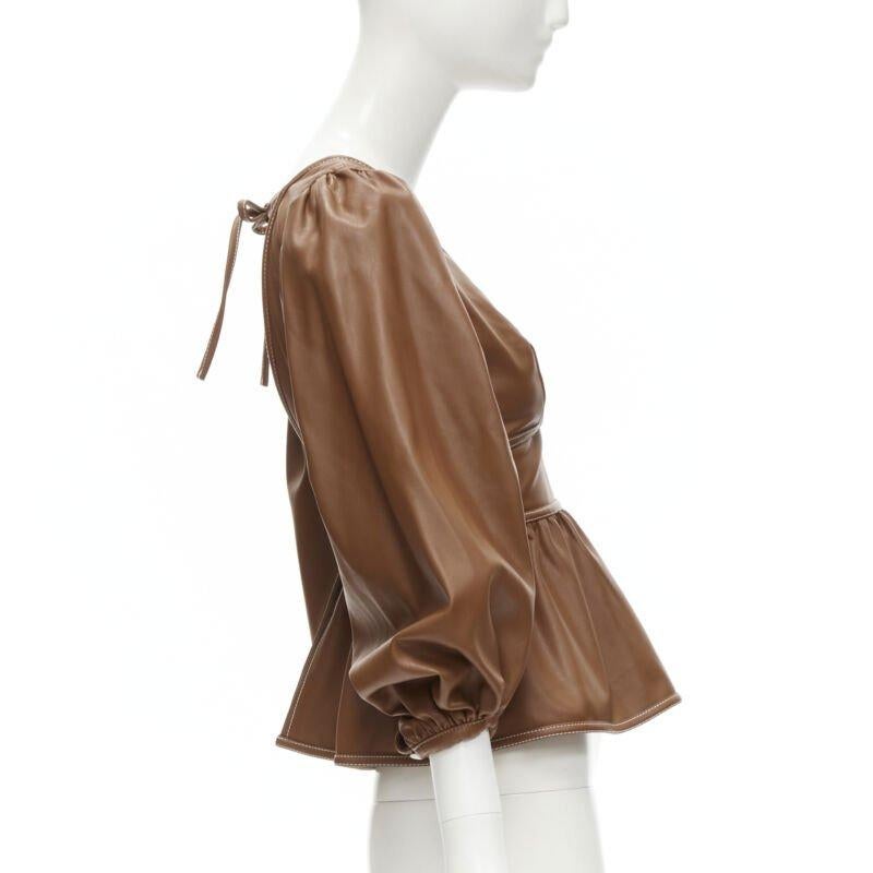 STAUD Luna tan marron vegan faux cuir col plongeant top à manches bouffantes US0 XS Excellent état - En vente à Hong Kong, NT