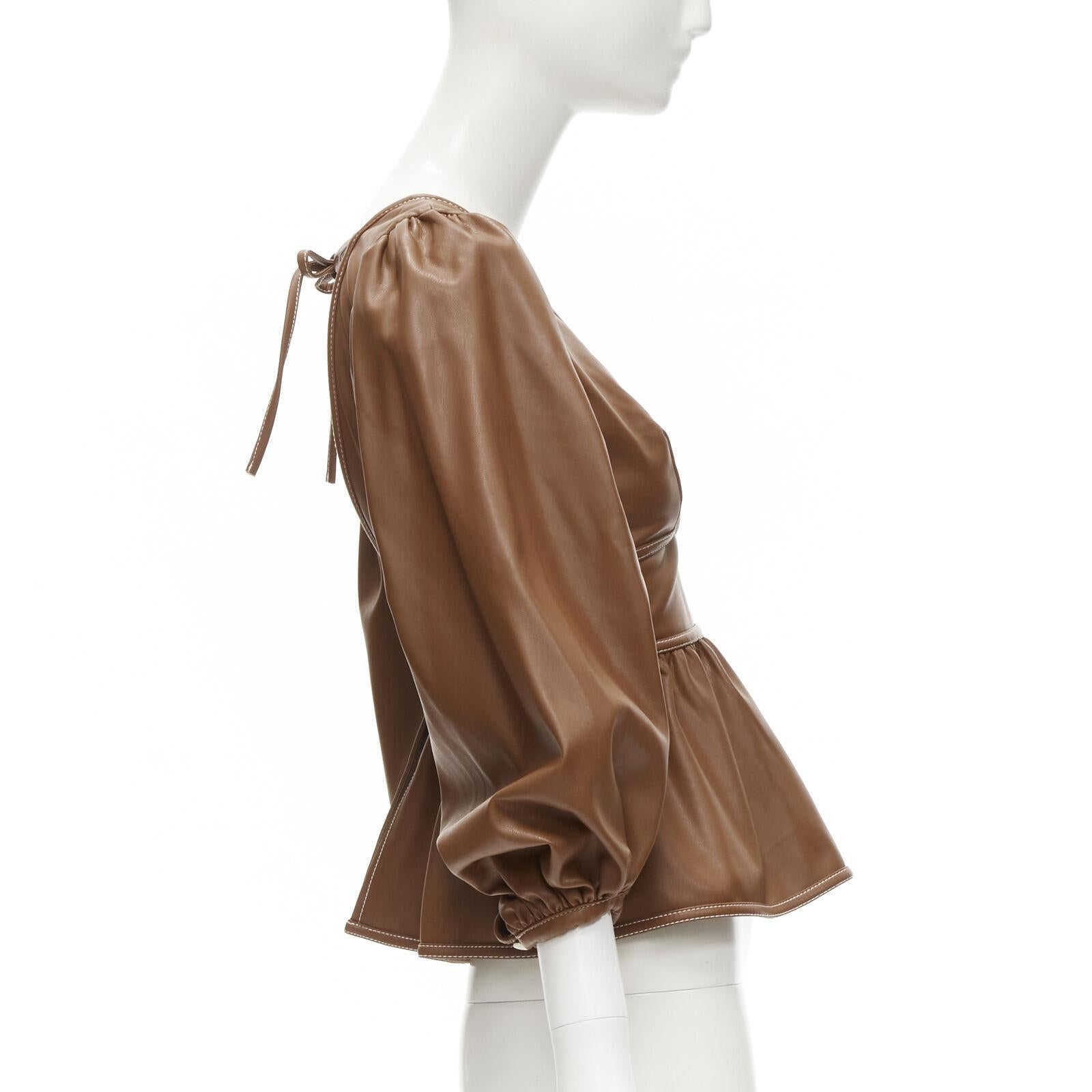 STAUD Luna tan brown vegan faux leather plunge neck puff sleeve top US0 XS In Excellent Condition For Sale In Hong Kong, NT