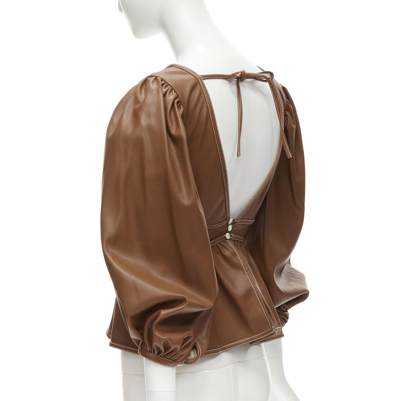 Women's STAUD Luna tan brown vegan faux leather plunge neck puff sleeve top US0 XS For Sale