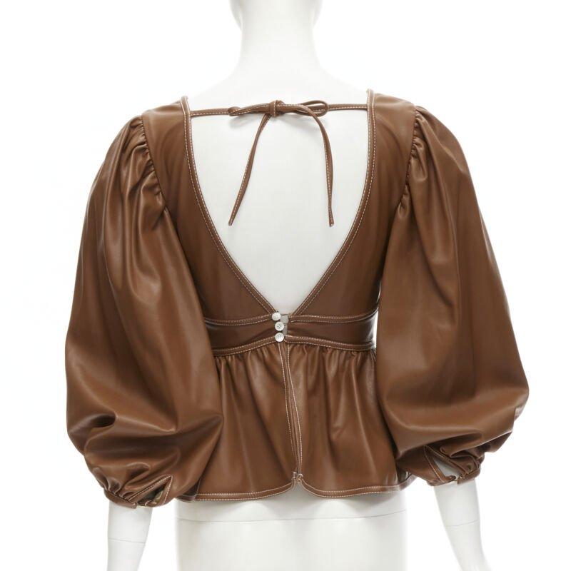 STAUD Luna tan marron vegan faux cuir col plongeant top à manches bouffantes US0 XS en vente 1