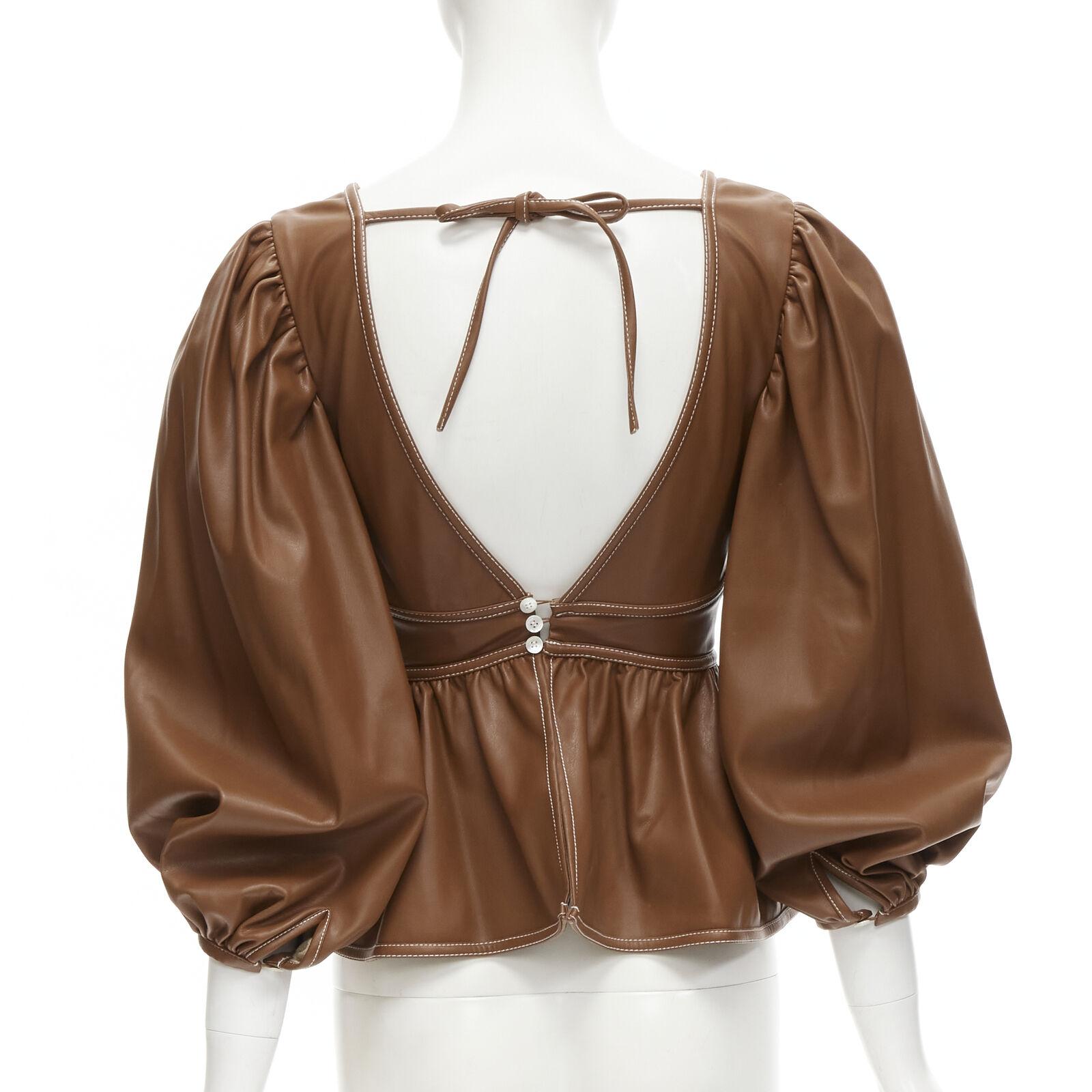 STAUD Luna tan brown vegan faux leather plunge neck puff sleeve top US0 XS For Sale 1