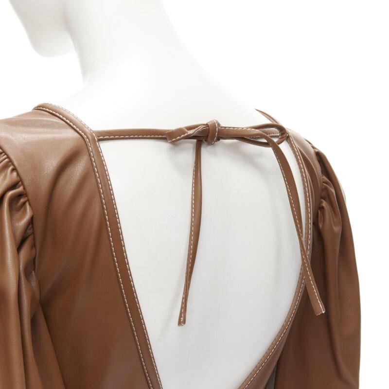 STAUD Luna tan marron vegan faux cuir col plongeant top à manches bouffantes US0 XS en vente 3