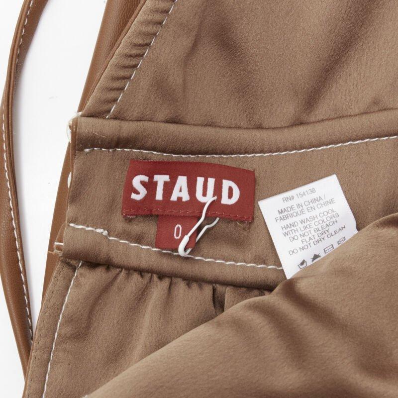STAUD Luna tan marron vegan faux cuir col plongeant top à manches bouffantes US0 XS en vente 4