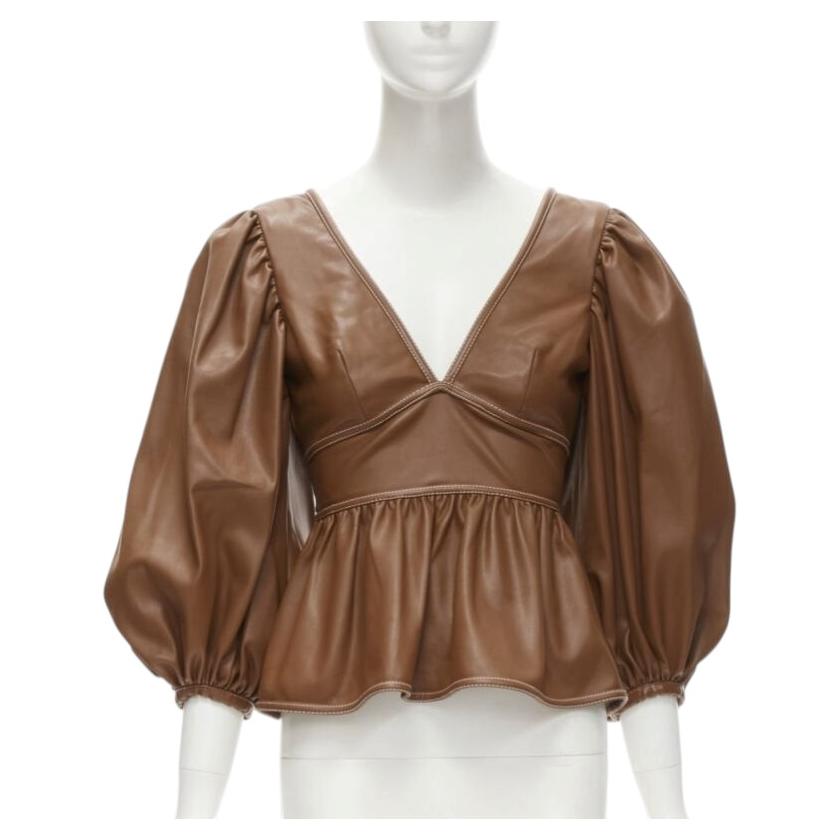 Pre-owned Staud Luna Tan Brown Vegan Faux Leather Plunge Neck Puff Sleeve Top Us0 Xs