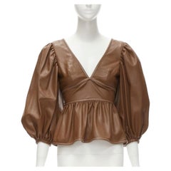 STAUD Luna tan brown vegan faux leather plunge neck puff sleeve top US0 XS