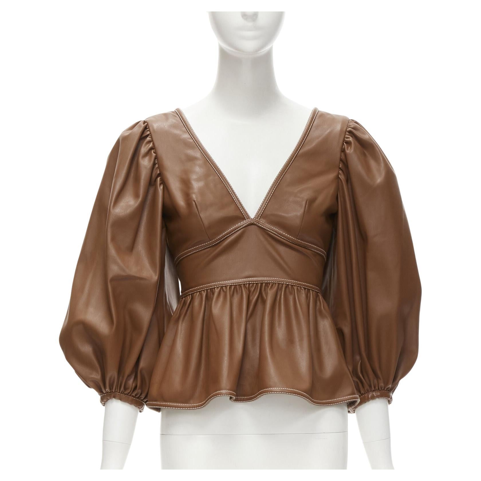 STAUD Luna tan brown vegan faux leather plunge neck puff sleeve top US0 XS For Sale