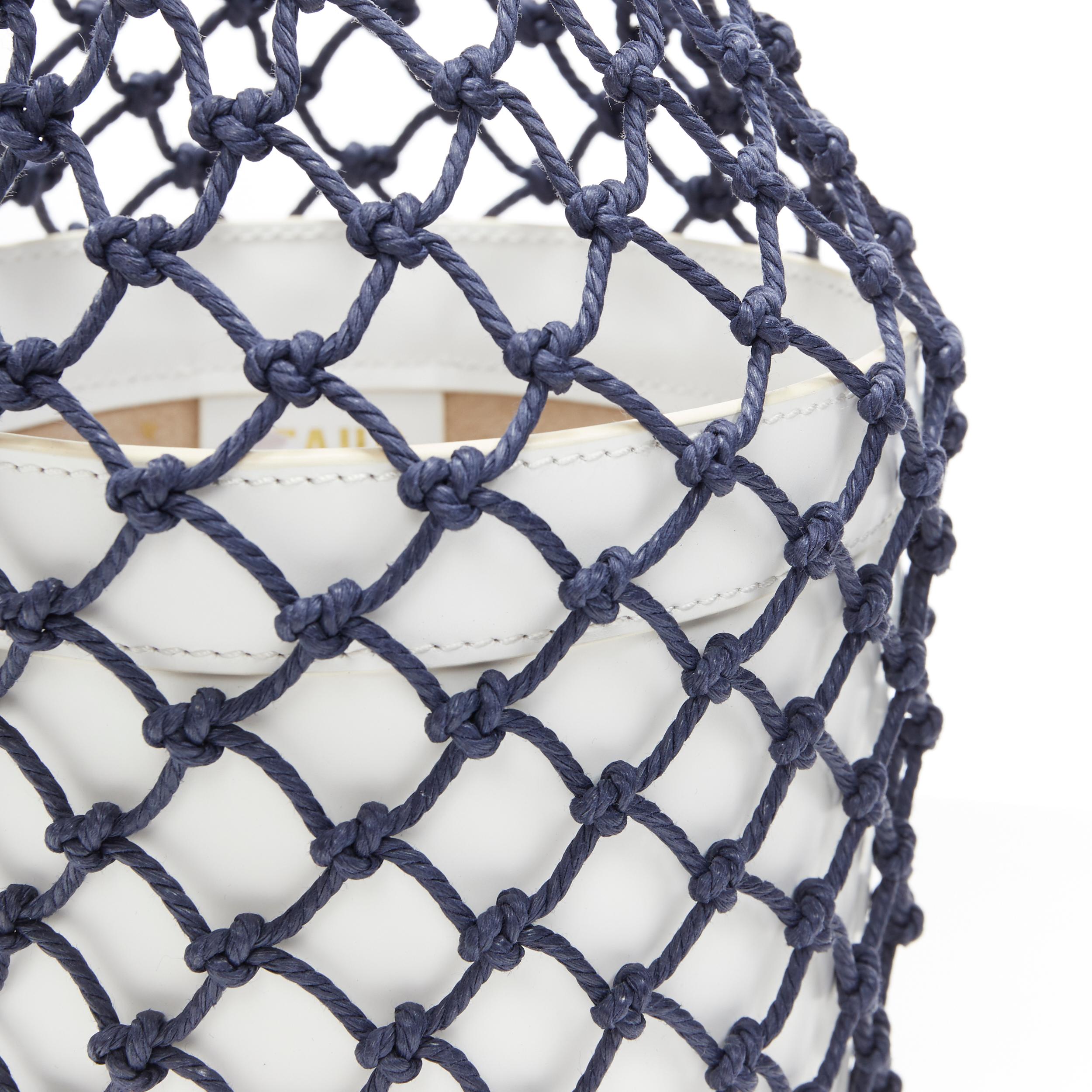 STAUD Moreau Net navy fishnet white leather bucket bag In Good Condition In Hong Kong, NT