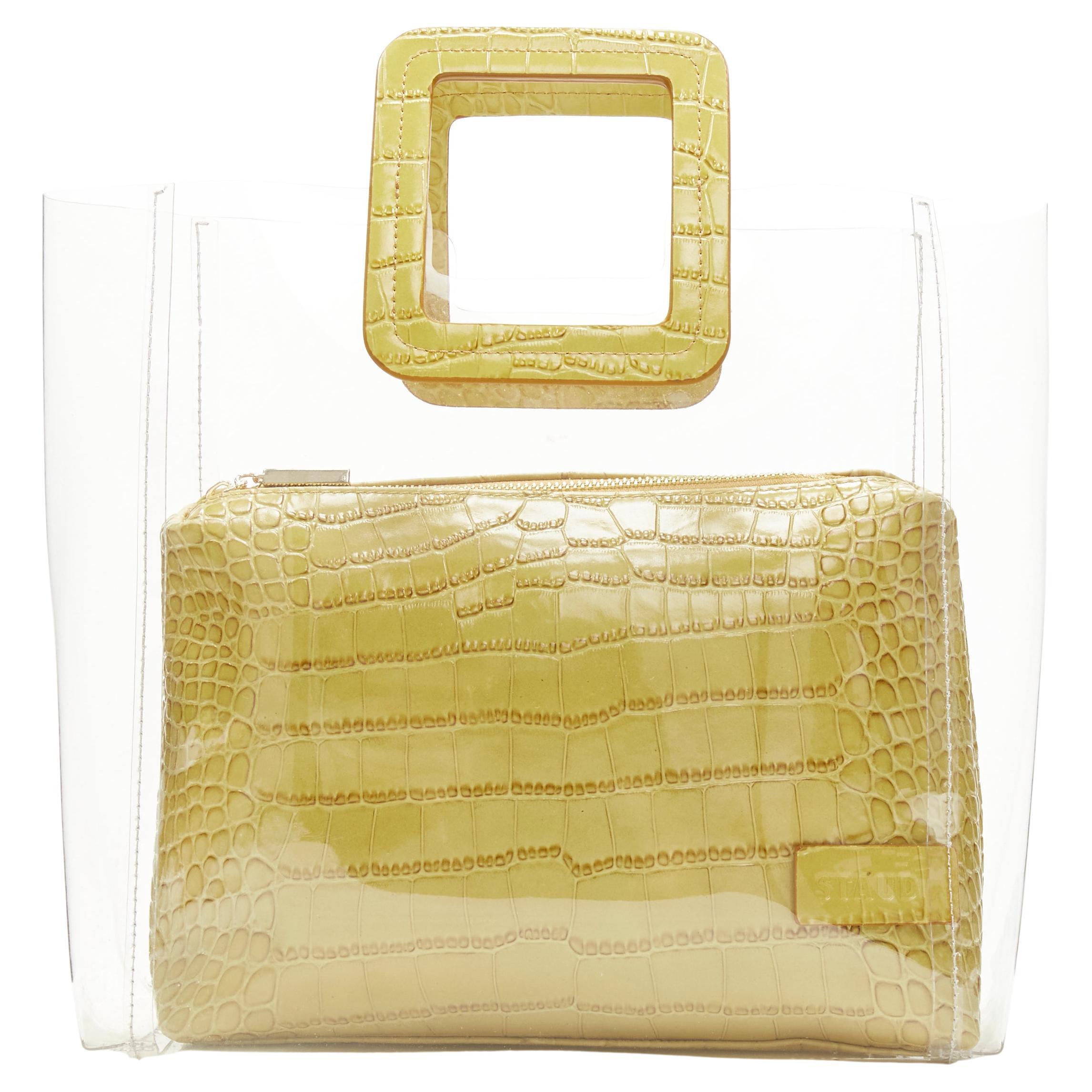 STAUD Shirley yellow stamped croc zip pouch handle clear PVC tote bag For Sale