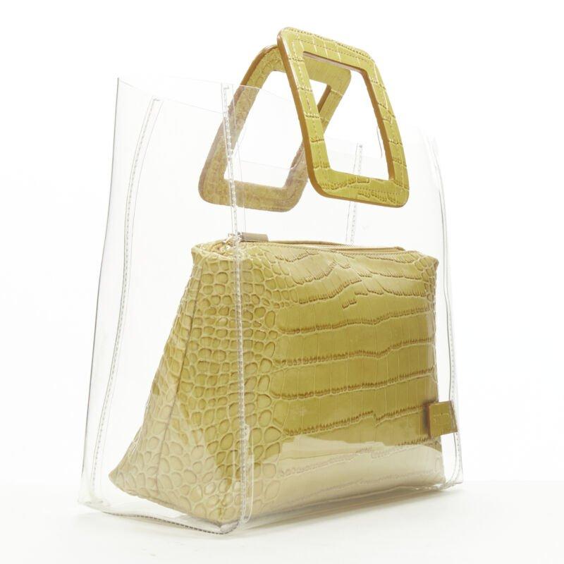 Beige STAUD Shirley yellow stamped scaled leather zip pouch handle clear PVC tote bag