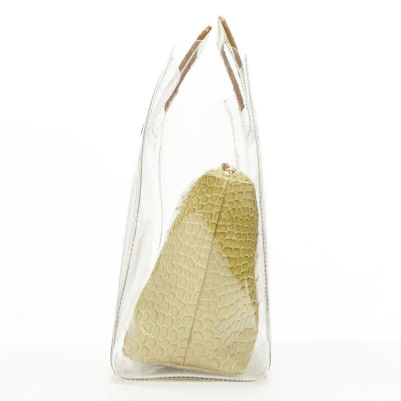 STAUD Shirley yellow stamped scaled leather zip pouch handle clear PVC tote bag In Excellent Condition In Hong Kong, NT