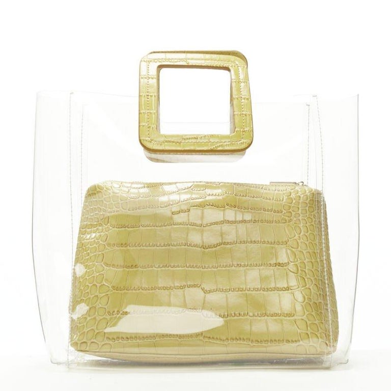 STAUD Shirley yellow stamped scaled leather zip pouch handle clear PVC tote bag For Sale at 1stDibs