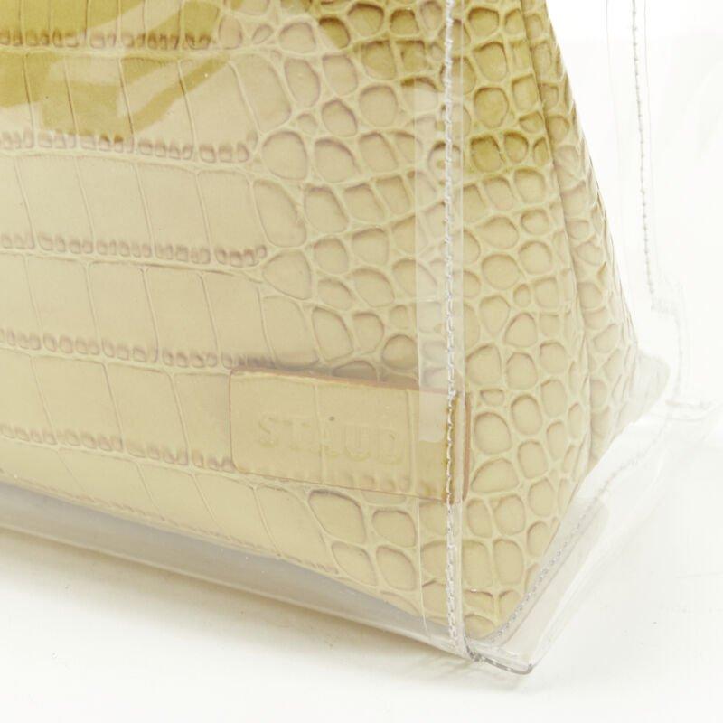 STAUD Shirley yellow stamped scaled leather zip pouch handle clear PVC tote bag 3