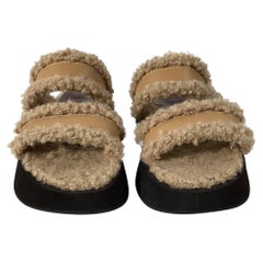 Staud Siesta Shearling Slide Sandals in Brown Leather