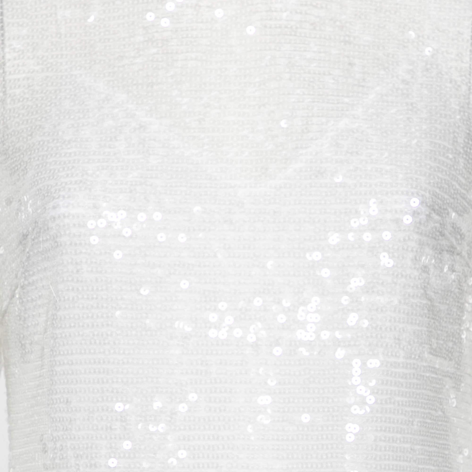 Gray Staud White Sequin Embellished Long Sleeve Midi Dress M For Sale