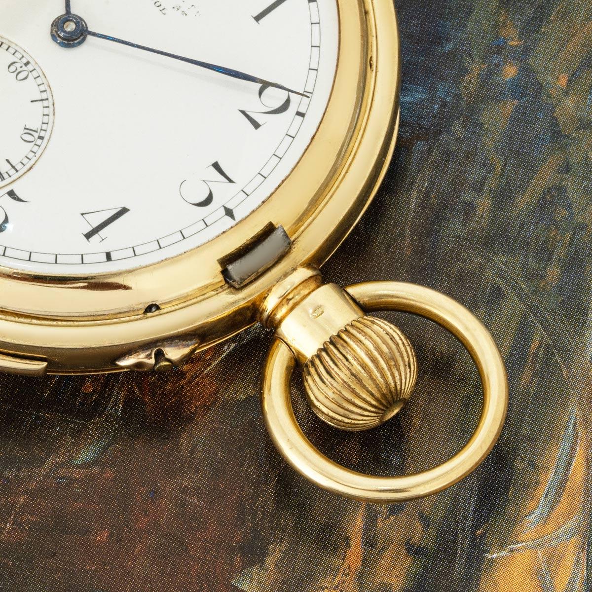 Stauffer & Co. An 18ct Yellow Gold Minute Repeater Keyless Lever Full Hunter Pocket Watch. Retailed by Russells Ltd Liverpool, C1900.

Dial: The white enamel dial signed Russells 18 Church St Liverpool with Arabic numerals, outer minute track and