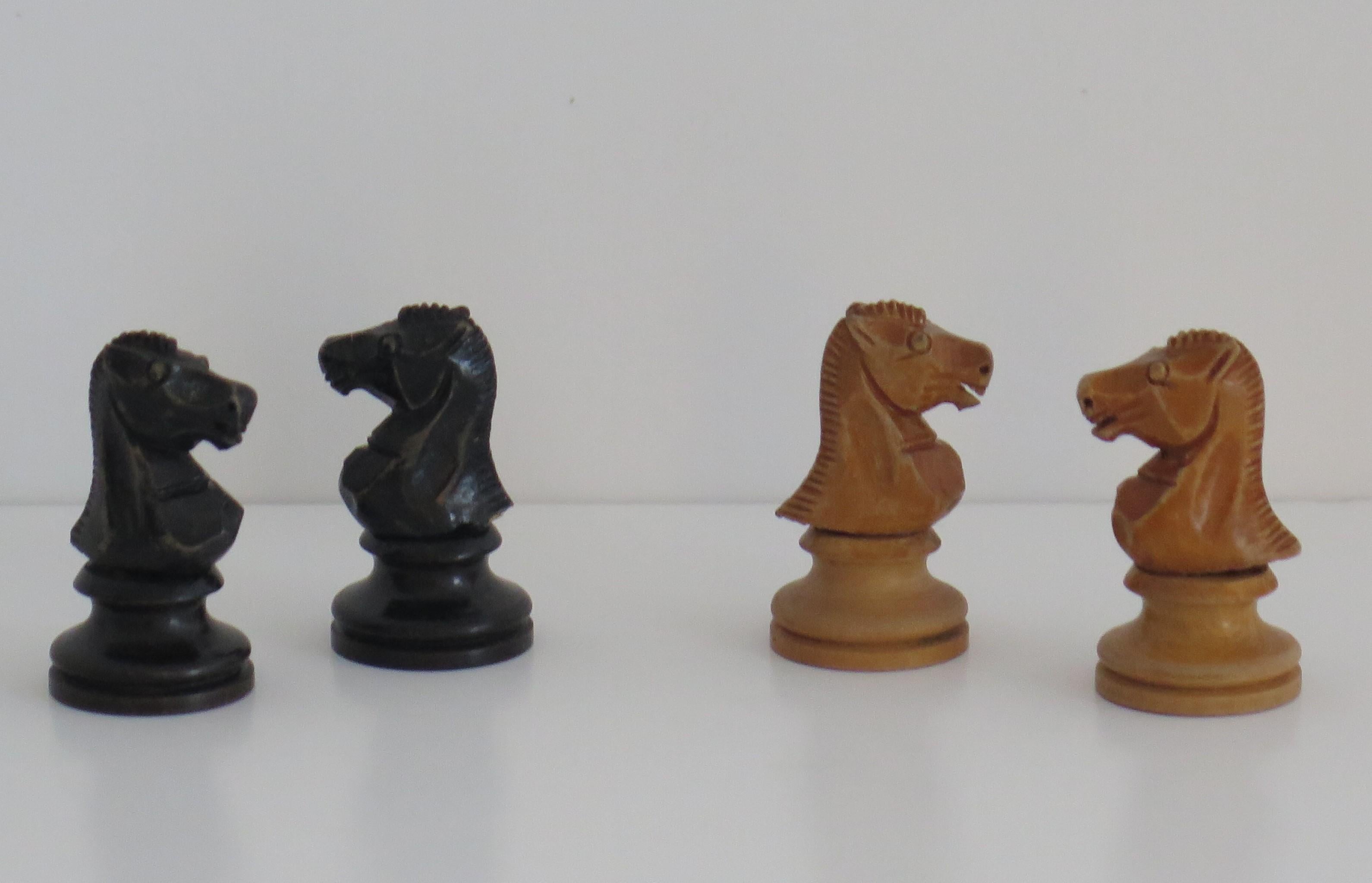 Hardwood Staunton Fierce Knight Weighted Chess Set Kings in Jointed Box, 19th Century