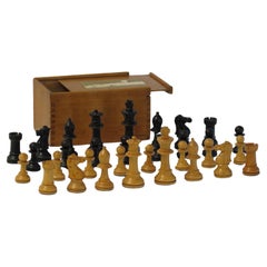 Retro Staunton Fierce Knight Weighted Club Chess Set 8.5cm Kings Jointed Box, 19th C