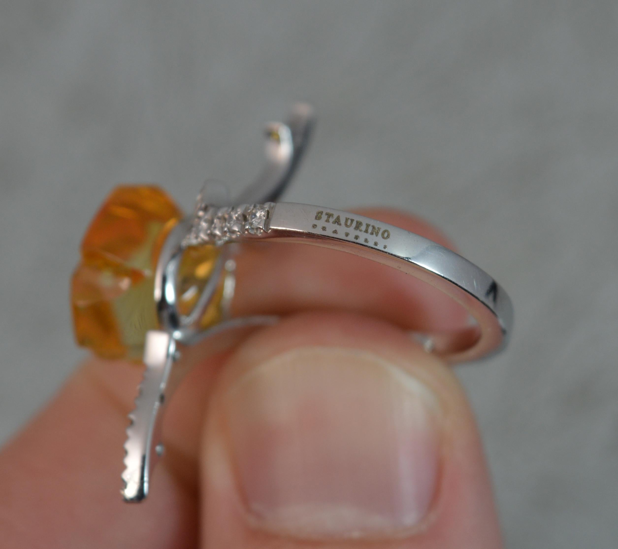 Staurino 18 Carat White Gold Golden Topaz and Diamond Floral Ring In Excellent Condition For Sale In St Helens, GB