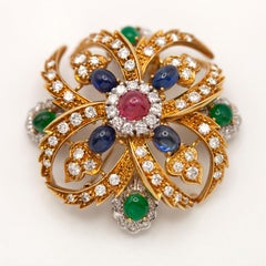 Staurino Fratelli 18K YG Diamond Cabochon Multicolored Gemstone Brooch