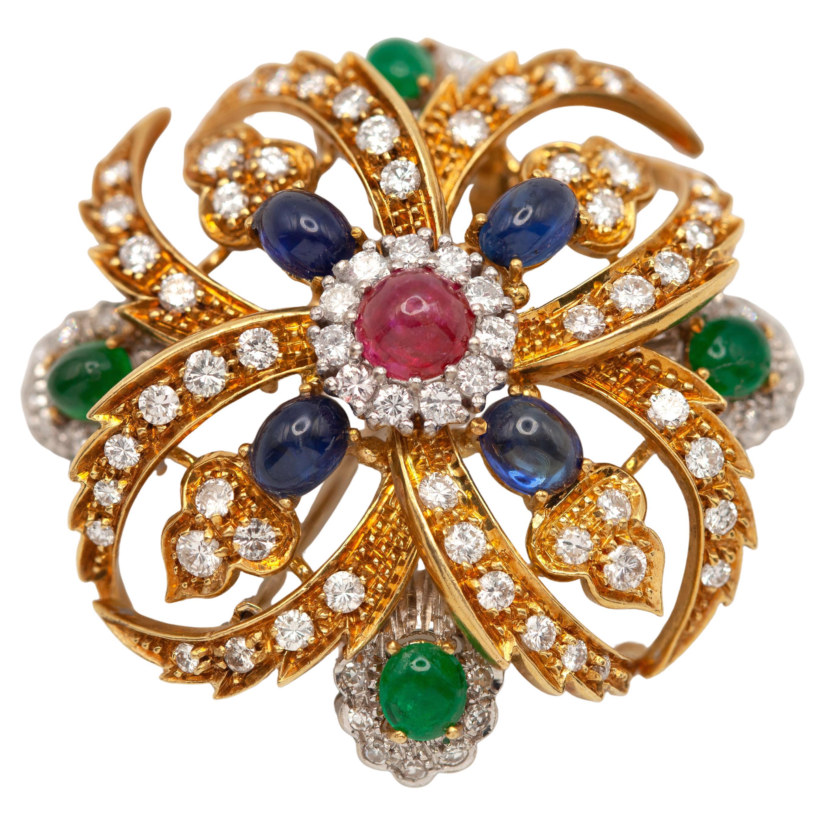 Spilla Staurino Fratelli 18K YG con diamante e pietra preziosa multicolore