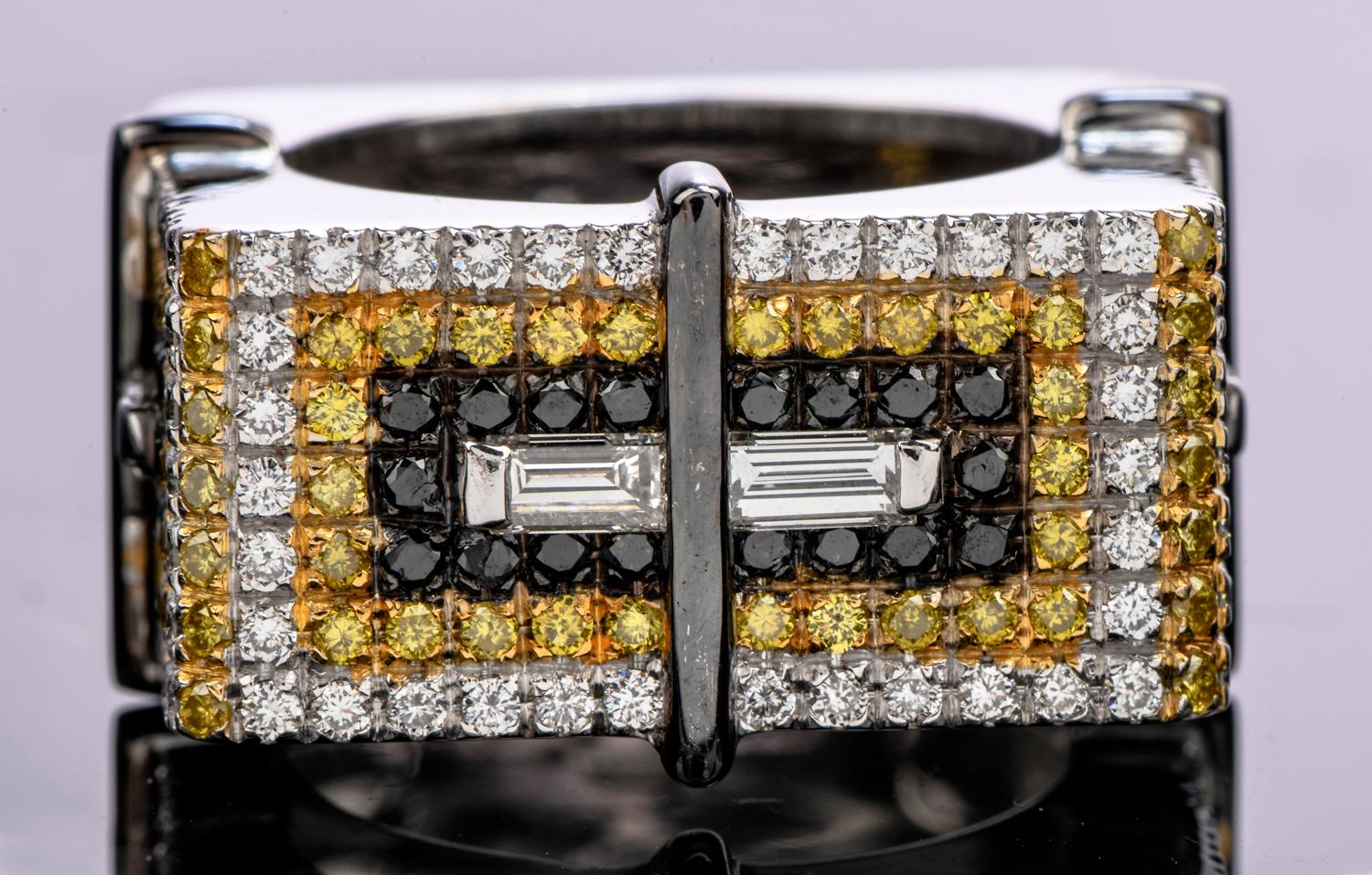 Staurino Fratelli Fancy Yellow Diamond 18K Gold Rectangle Cocktail Ring In Excellent Condition In Miami, FL