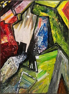 Composition - Figurative Painting Red Black Grey Yellow beige Green Orange