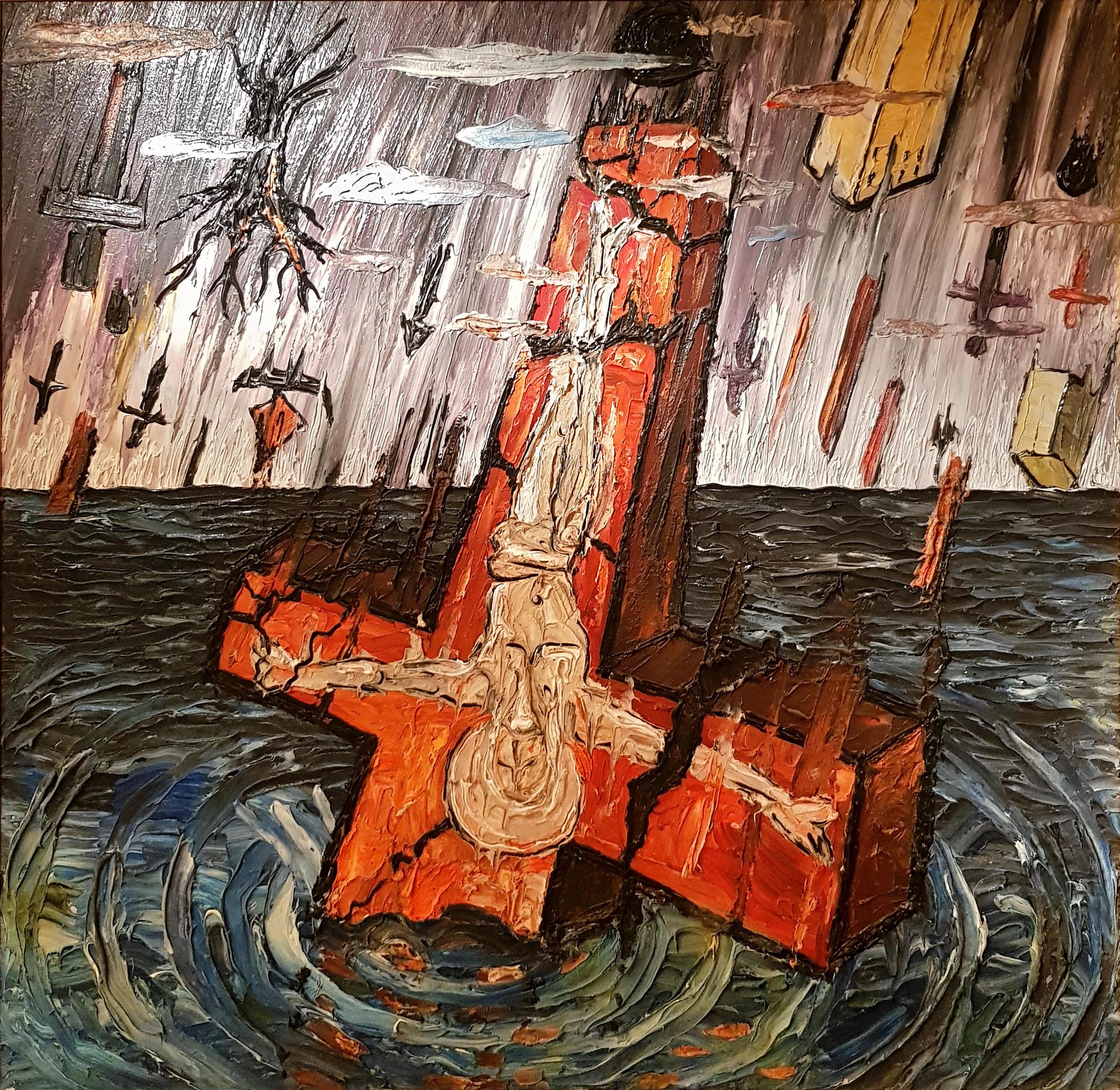 Stavri Kalinov Figurative Painting - Faith Disaster - Figurative Silicone Painting Red Blue Green Grey Brown Orange