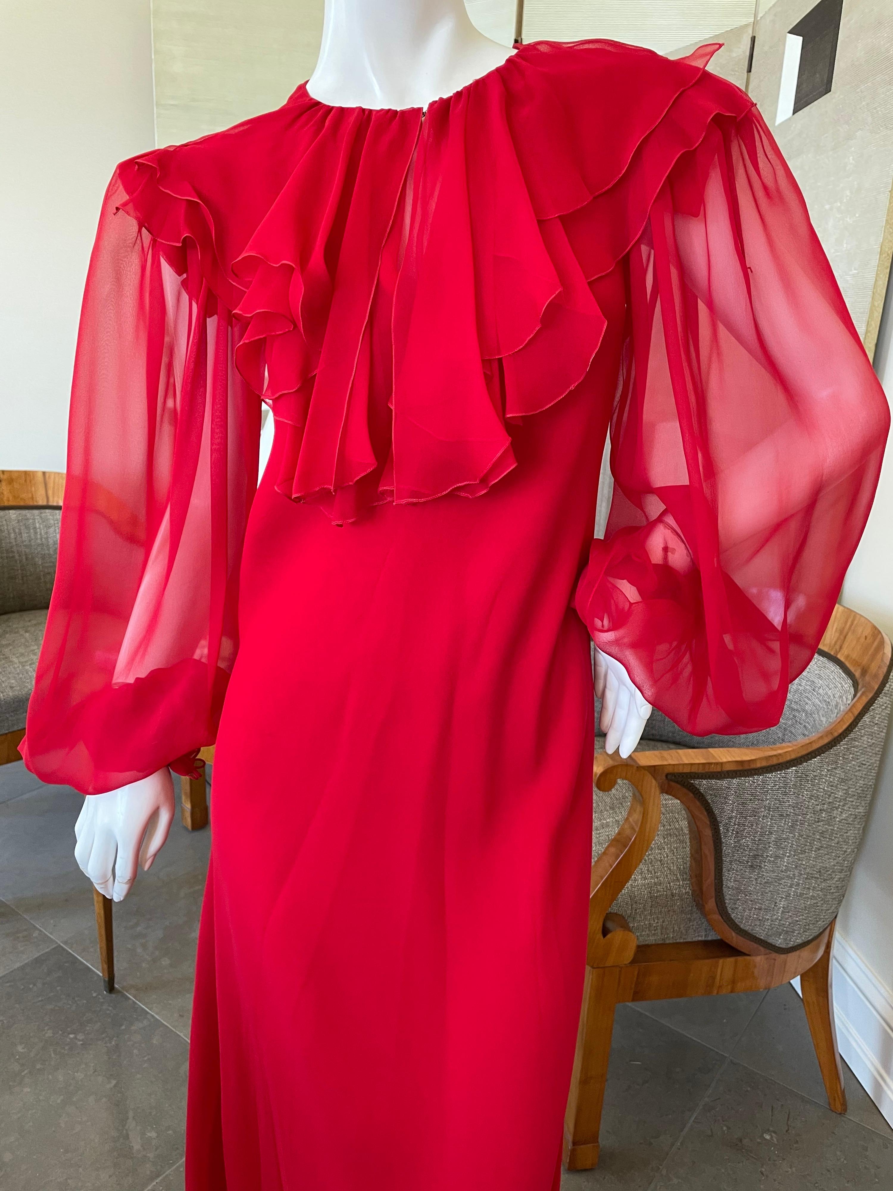 Stavropoulos Vintage 1970er Rotes durchsichtiges Seiden-Chiffon-Kleid mit Bischofsärmeln im Zustand „Hervorragend“ in Cloverdale, CA