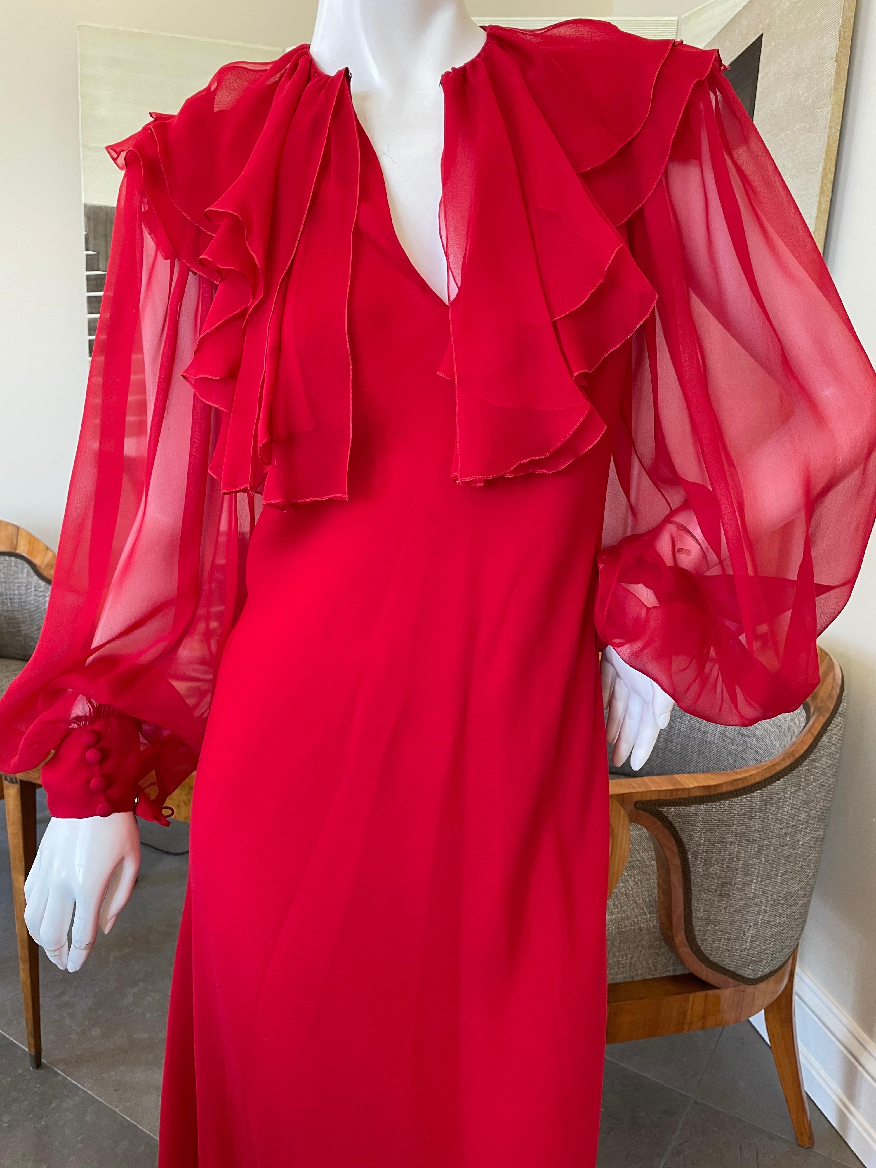 Stavropoulos Vintage 1970er Rotes durchsichtiges Seiden-Chiffon-Kleid mit Bischofsärmeln Damen