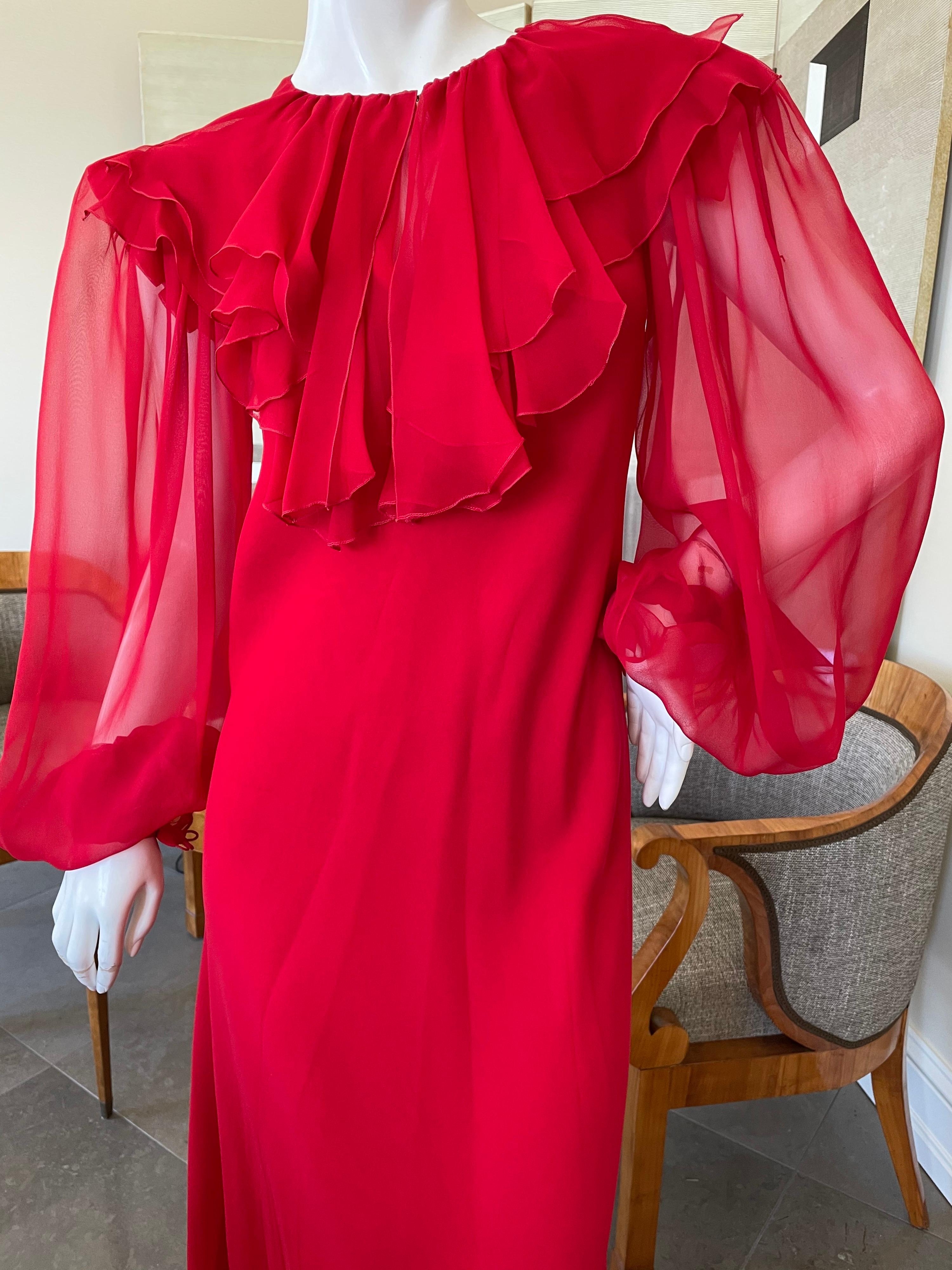 Stavropoulos Vintage 1970er Rotes durchsichtiges Seiden-Chiffon-Kleid mit Bischofsärmeln 2