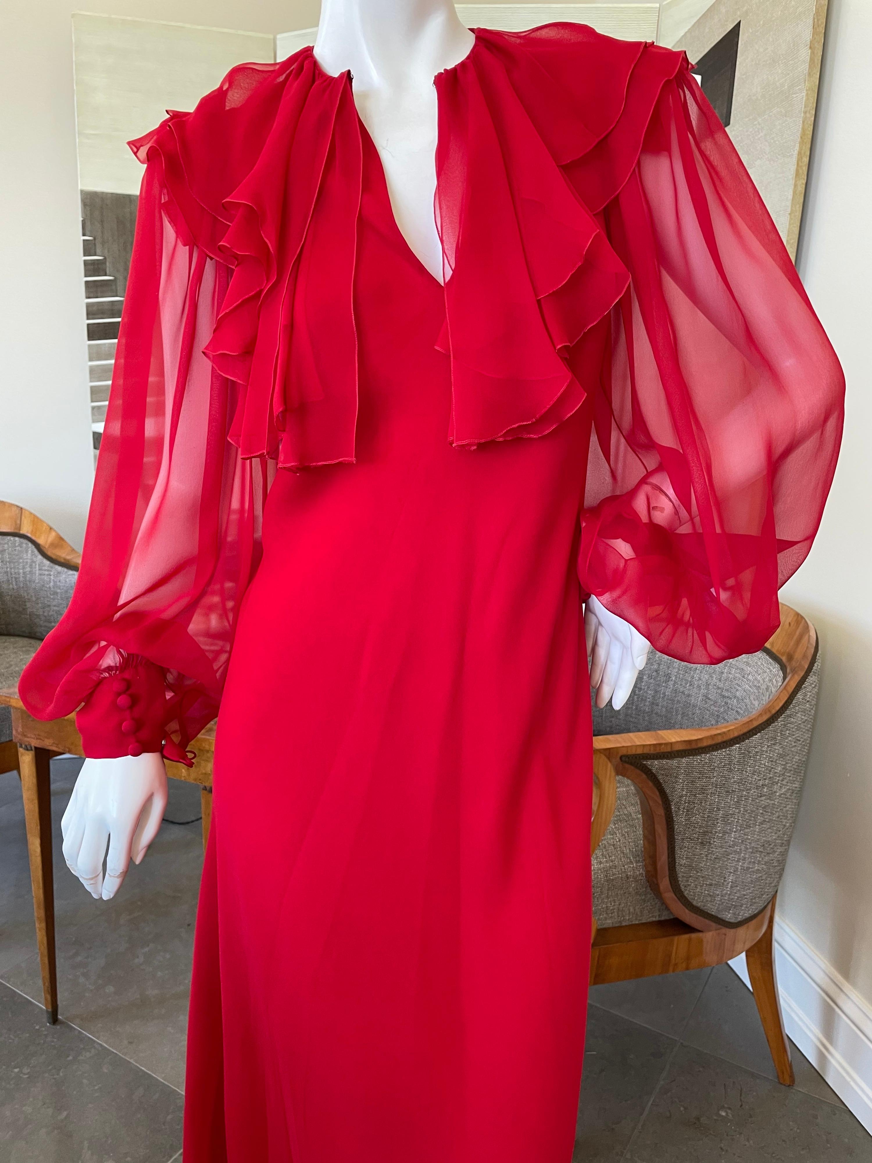 Stavropoulos Vintage 1970er Rotes durchsichtiges Seiden-Chiffon-Kleid mit Bischofsärmeln 3