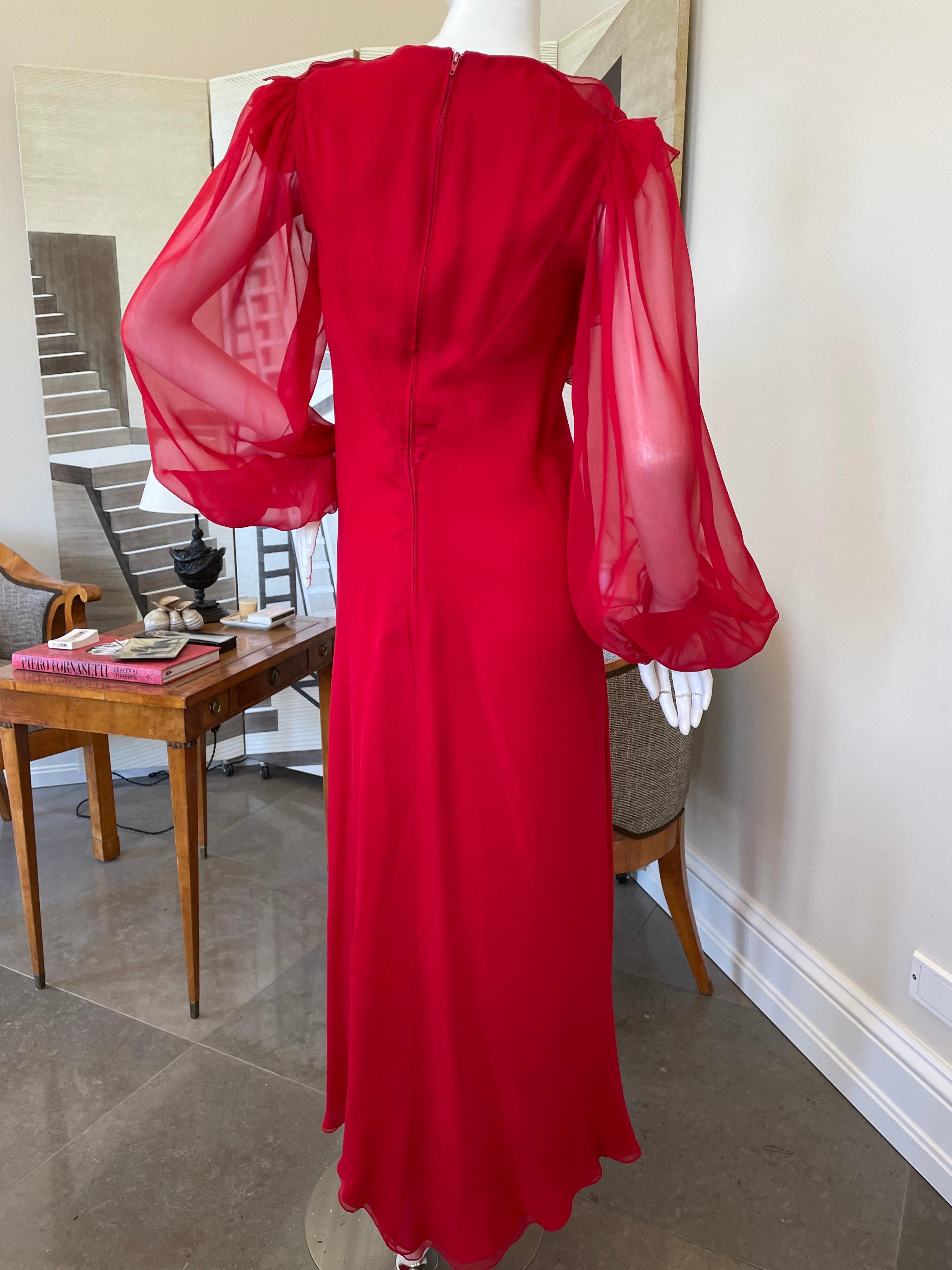 Stavropoulos Vintage 1970er Rotes durchsichtiges Seiden-Chiffon-Kleid mit Bischofsärmeln 4