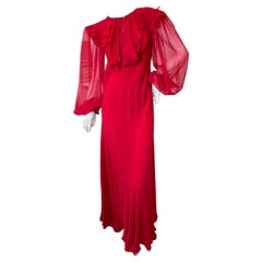 Stavropoulos Vintage 1970's Red Sheer Silk Chiffon Dress with Bishop Sleeves