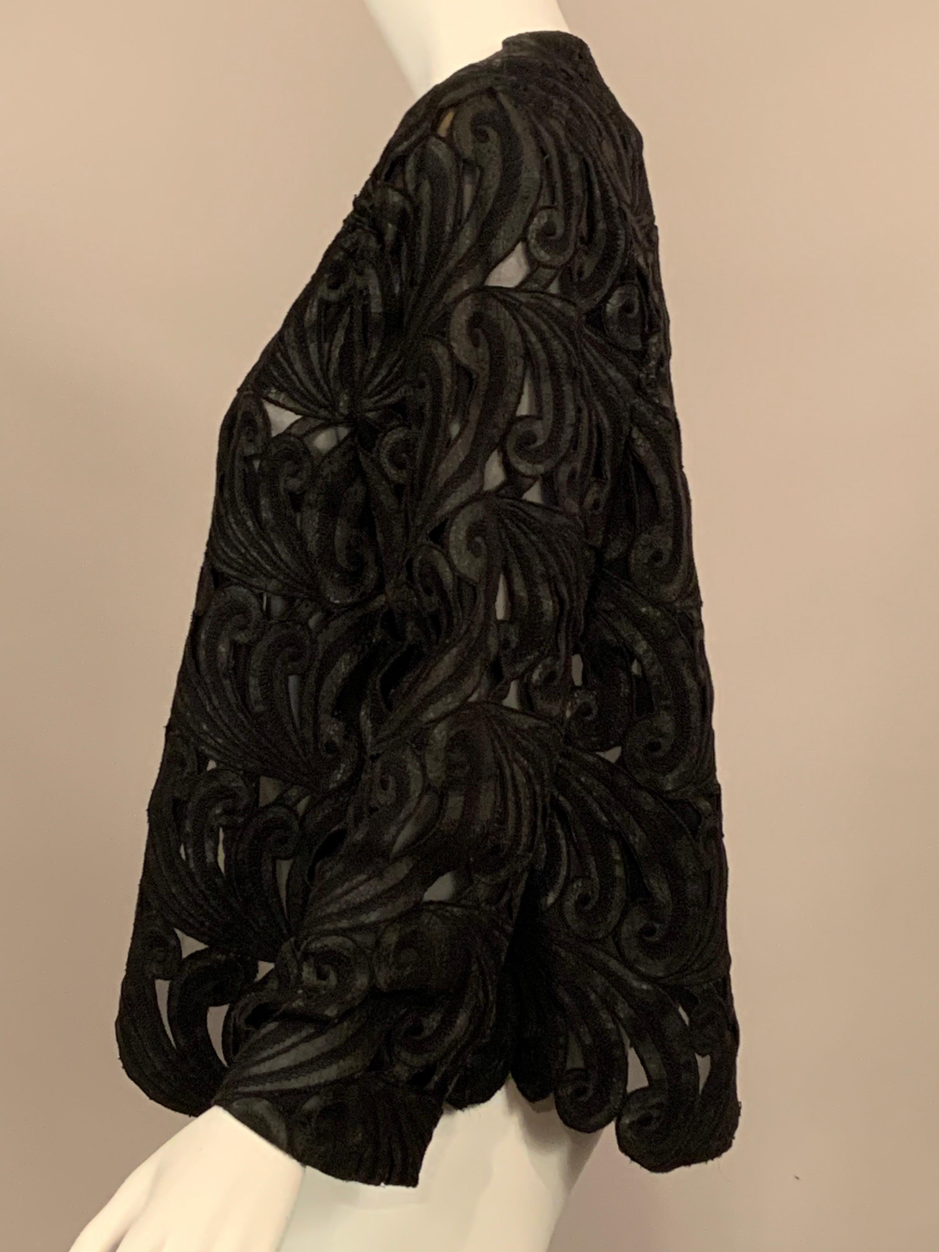 Stavropoulus Black Distressed Leather and Silk Chiffon Jacket In Excellent Condition In New Hope, PA