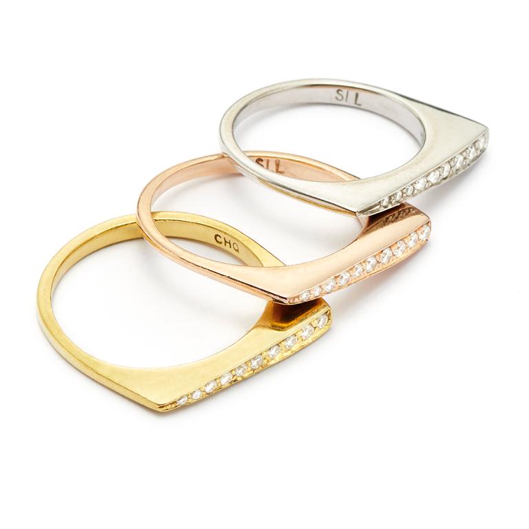 Modern Susan Lister Locke Stax Ring with 0.11 Carat Diamonds in 18 Karat Rose Gold For Sale