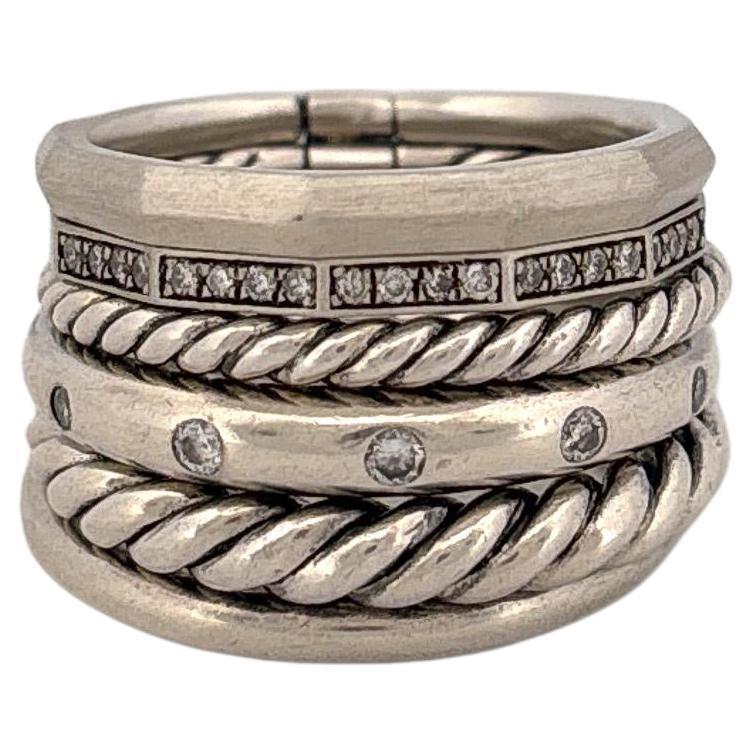 STAX SIX ROW RING Sterling Silver with Diamonds, 16mm For Sale