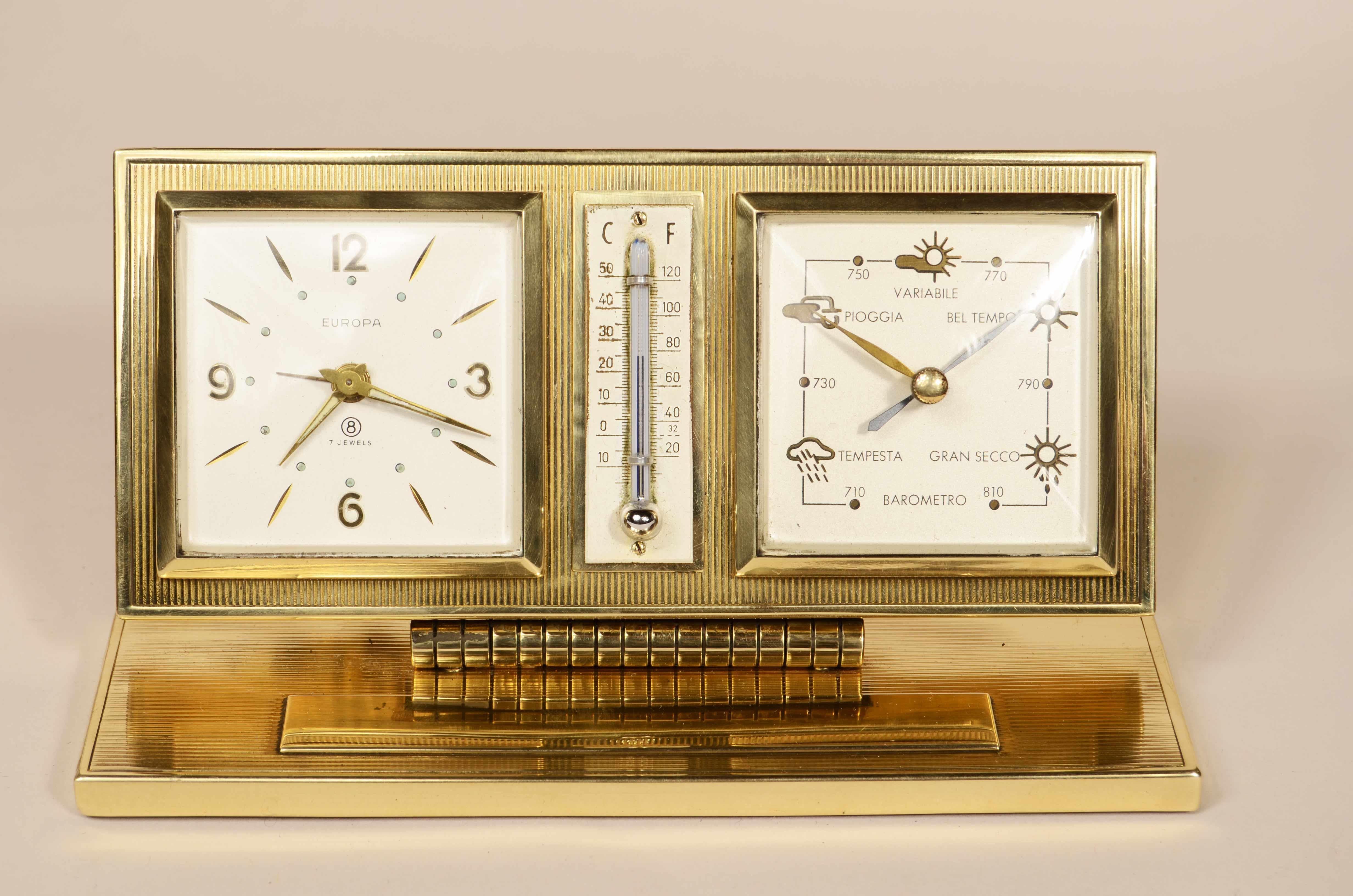 Messing Tischbarometer Uhr Thermometer 1950er Jahre im Angebot 4