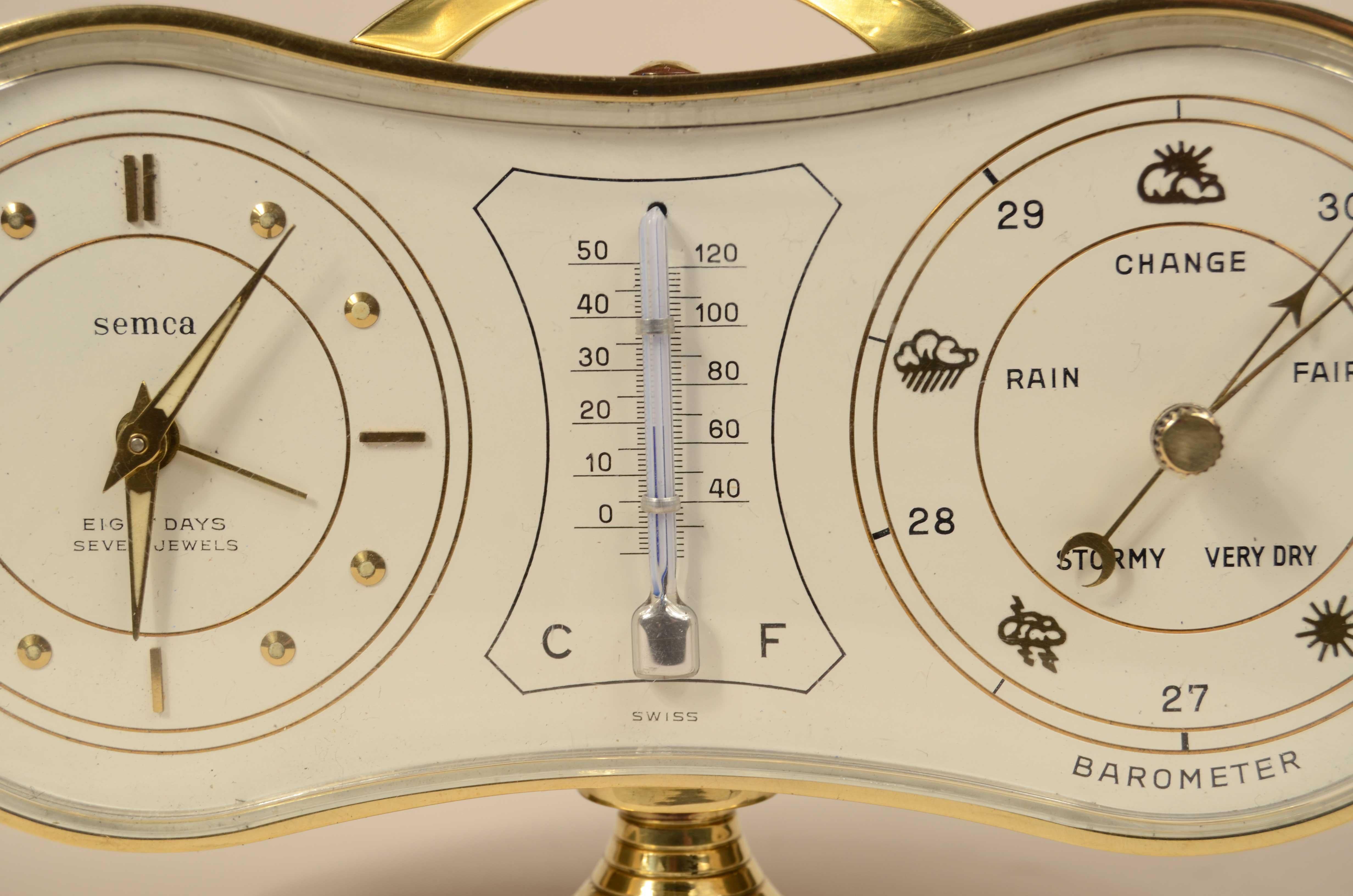Tischbarometerstation aus Messing signiert Semca Swiss 1950s im Angebot 1