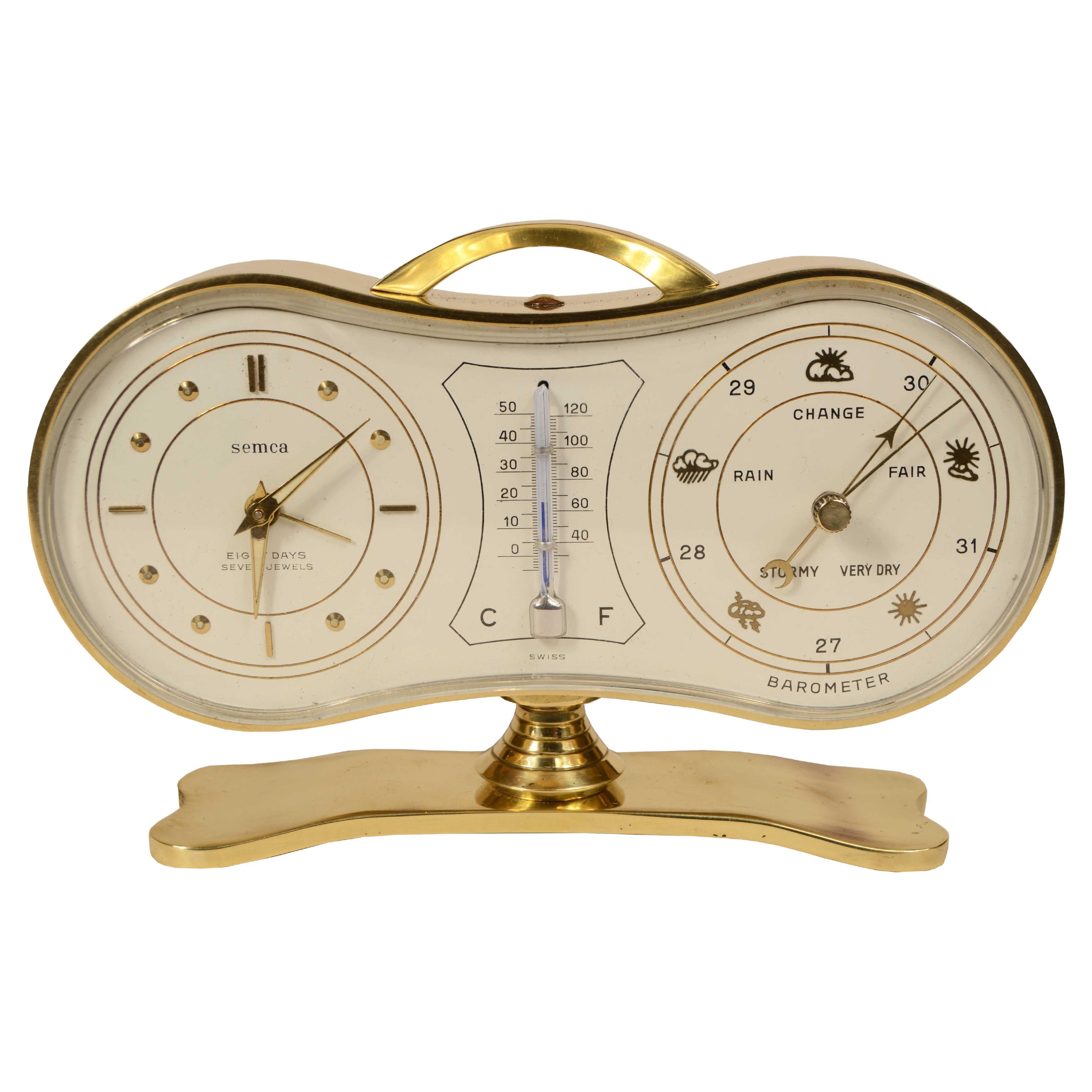 Brass table-top barometer station signed Semca Swiss 1950s