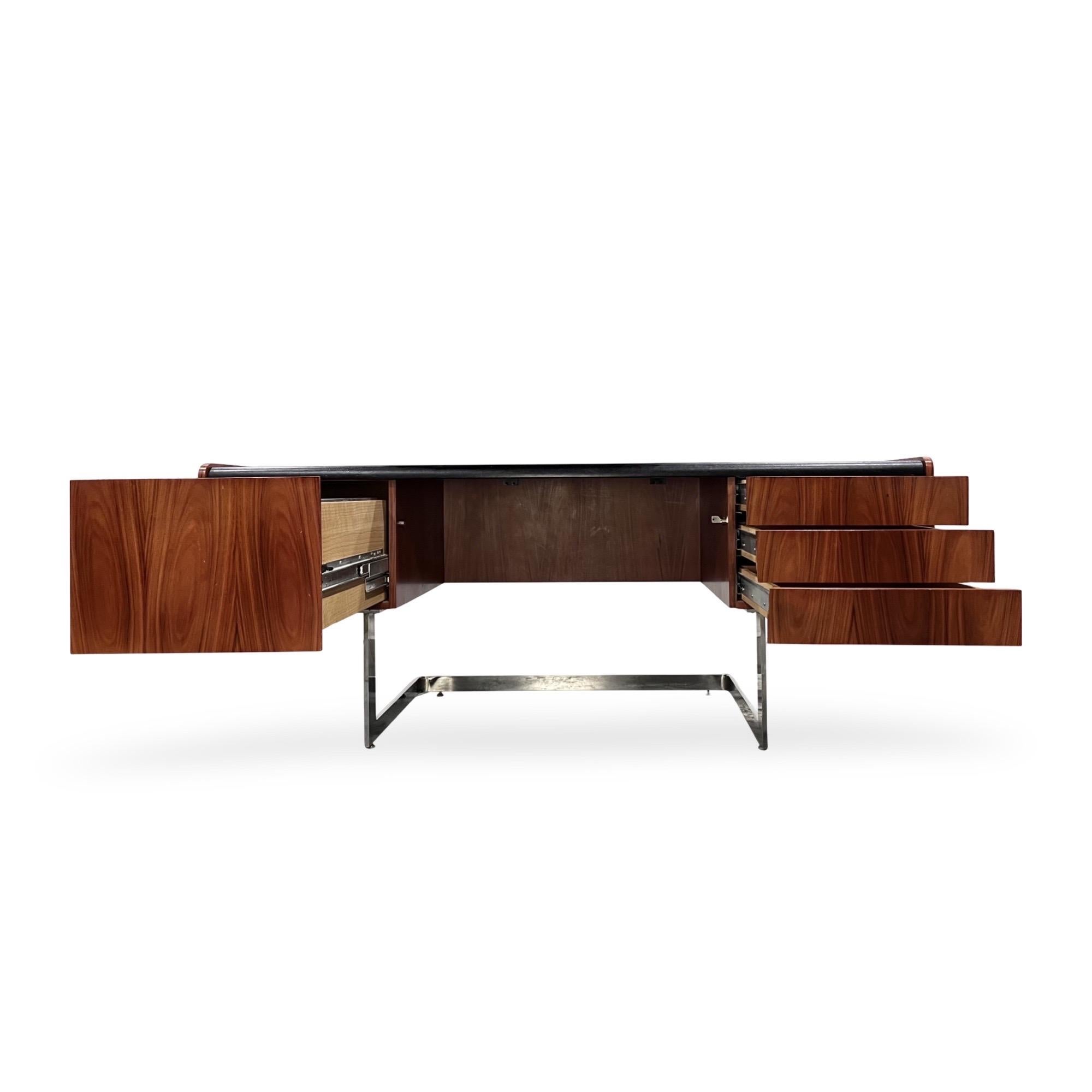 American Ste Marie and Laurent Mid Century Modern Rosewood and Chrome Executive Desk For Sale