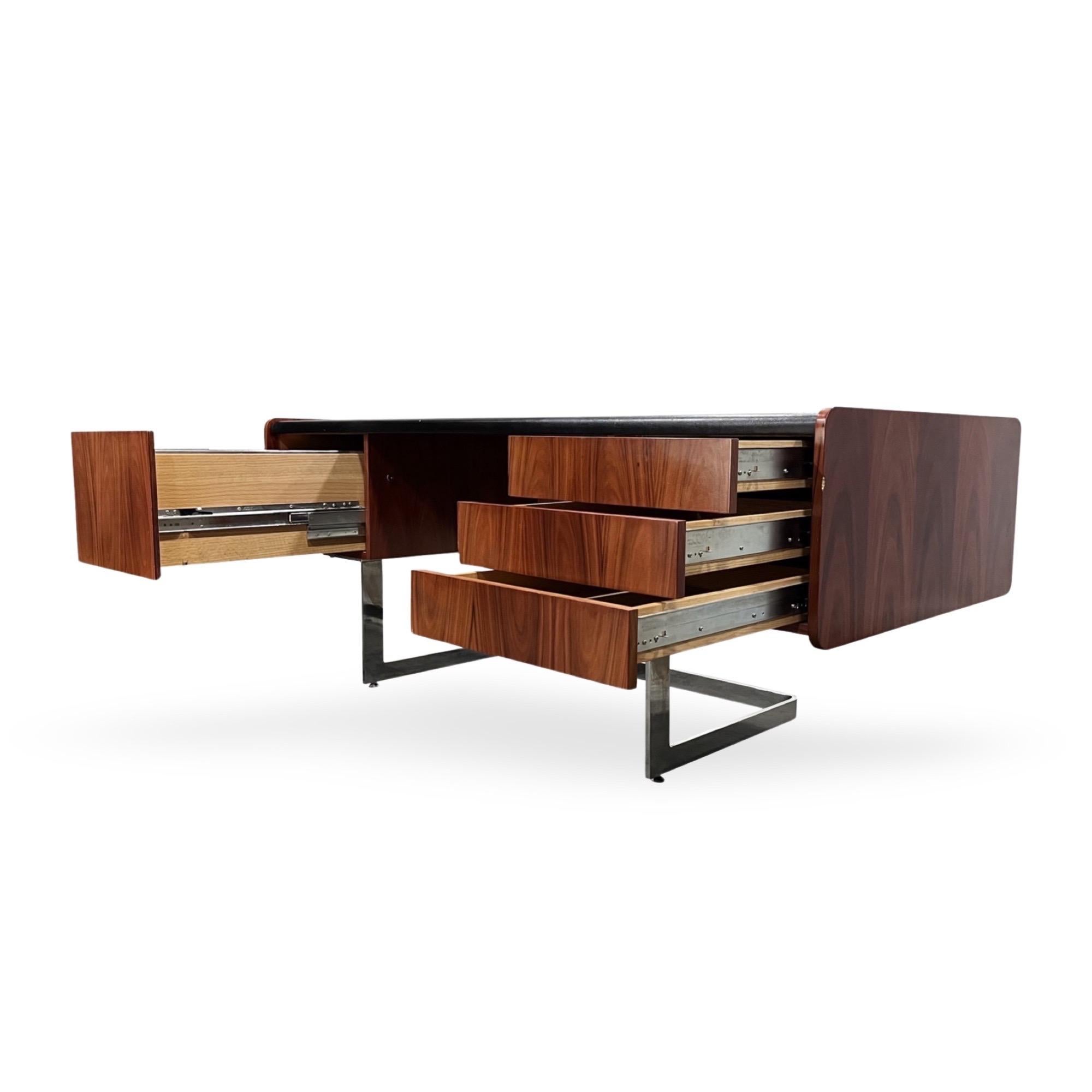 Ste Marie and Laurent Mid Century Modern Rosewood and Chrome Executive Desk In Good Condition For Sale In Denville, NJ