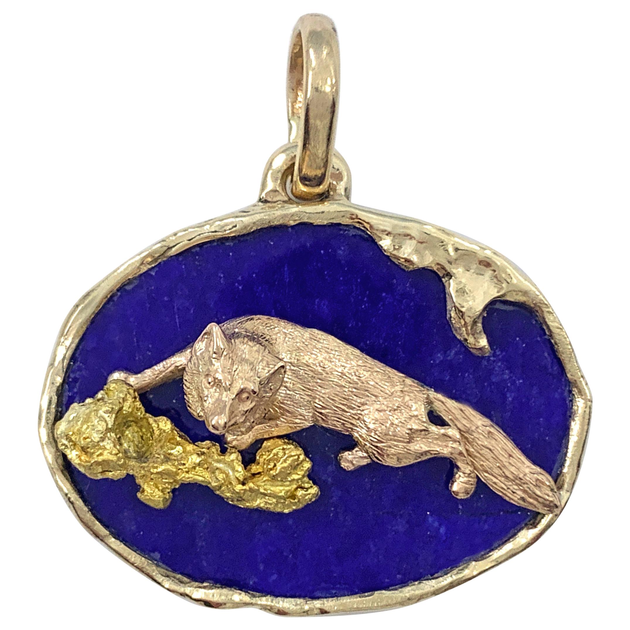 "Stealthy Fox" Fob or Pendant in Oval Lapis Bezel Setting of Rose & Yellow Gold