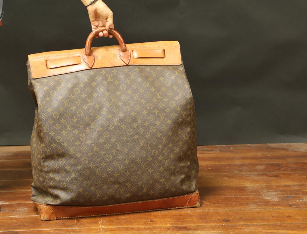 French Steamer Bag Leather and Monogram Canvas For Sale