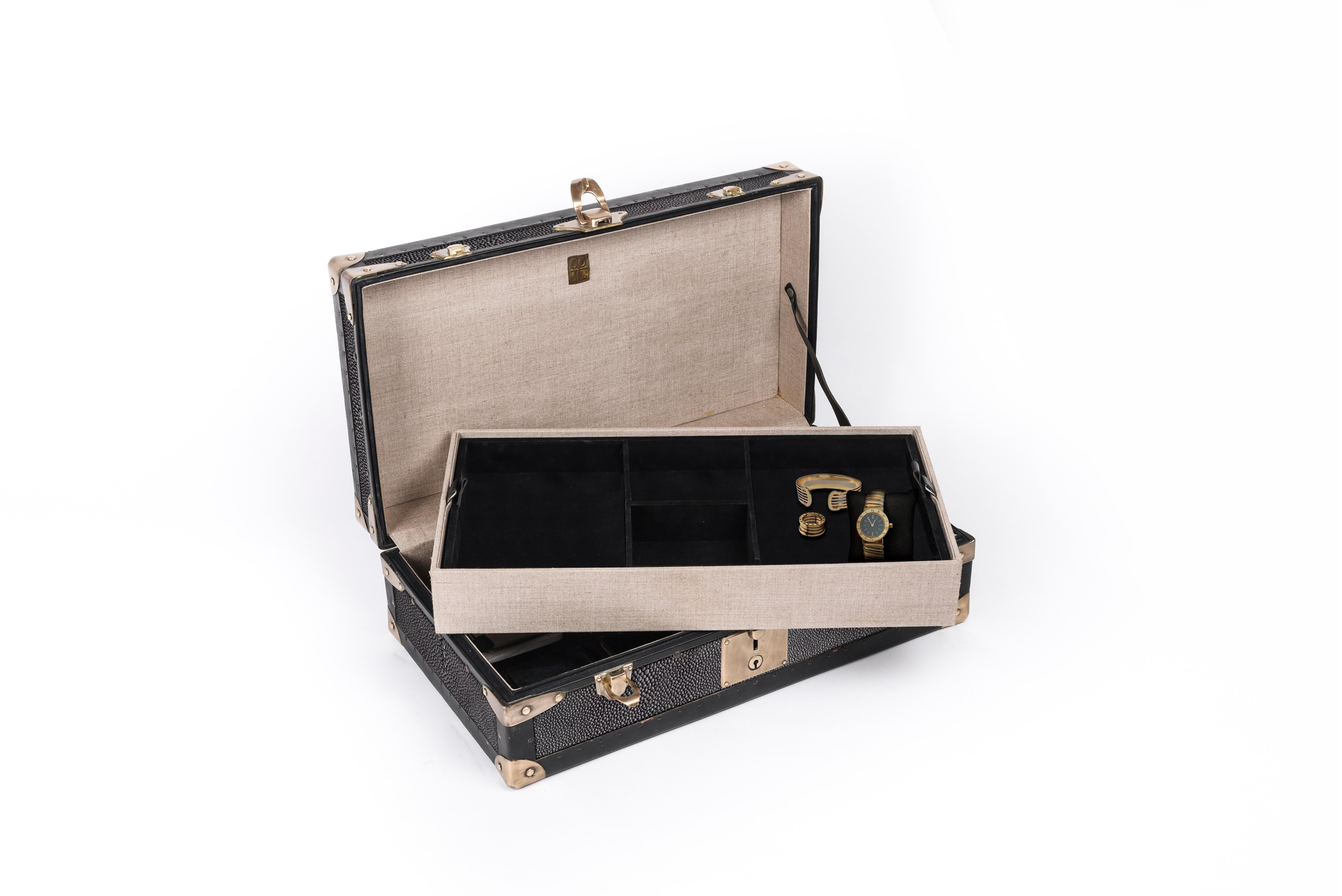French Traveling Jewelry Case in Shagreen Brass w/Leather Handles by R&Y Augousti For Sale