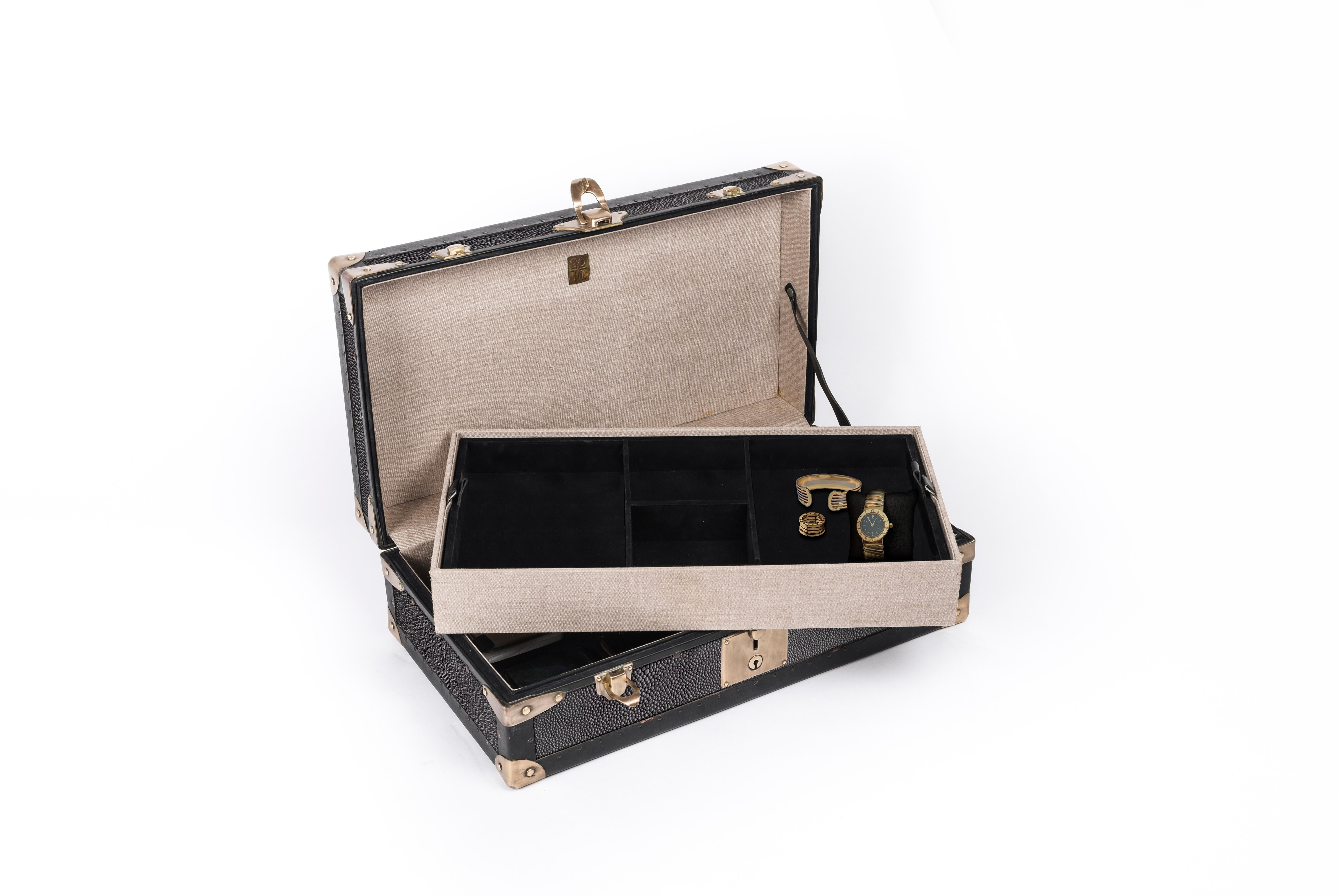 Philippine Traveling Jewelry Case in Shagreen Brass w/Leather Handles by R&Y Augousti For Sale