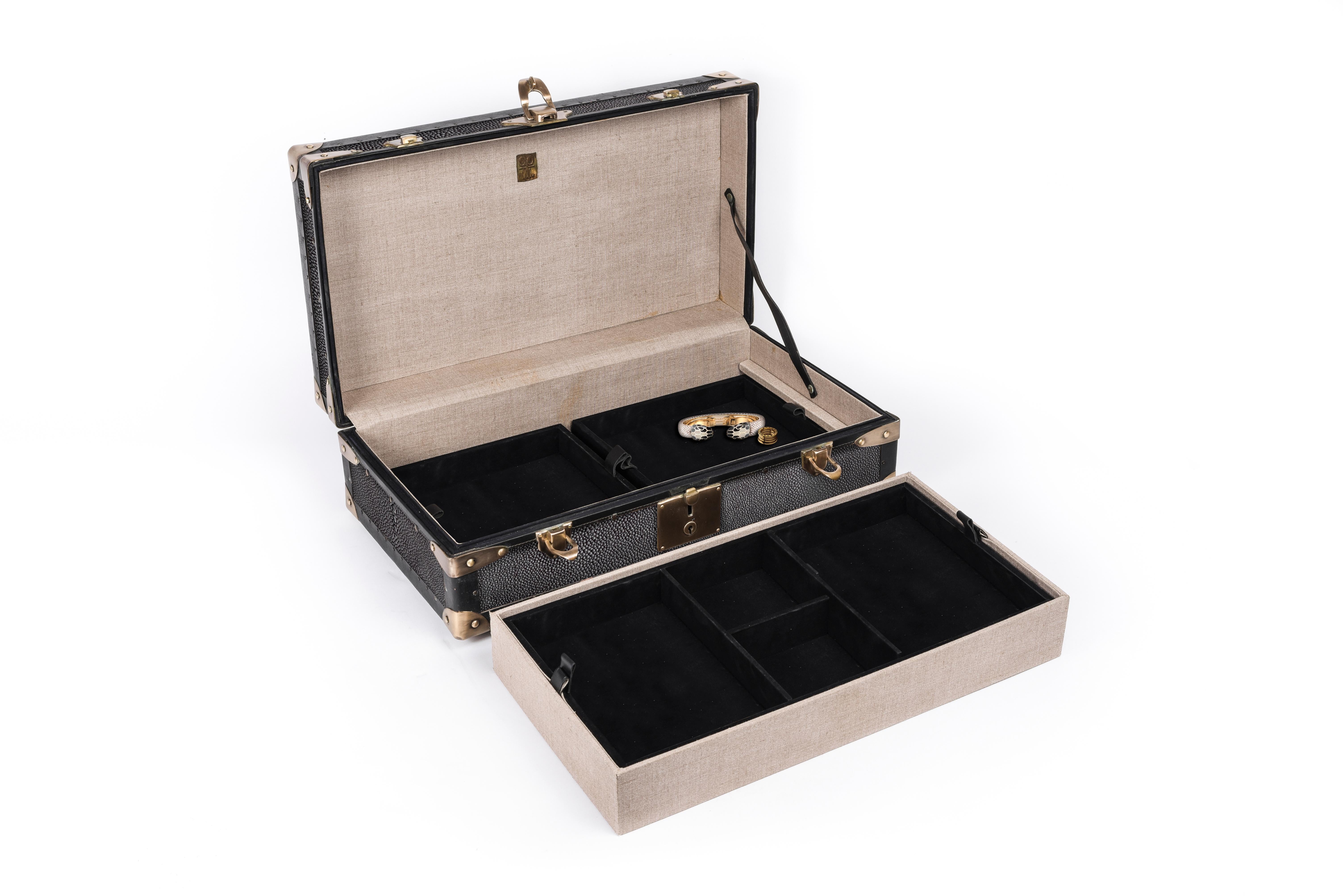 Hand-Crafted Traveling Jewelry Case in Shagreen Brass w/Leather Handles by R&Y Augousti For Sale