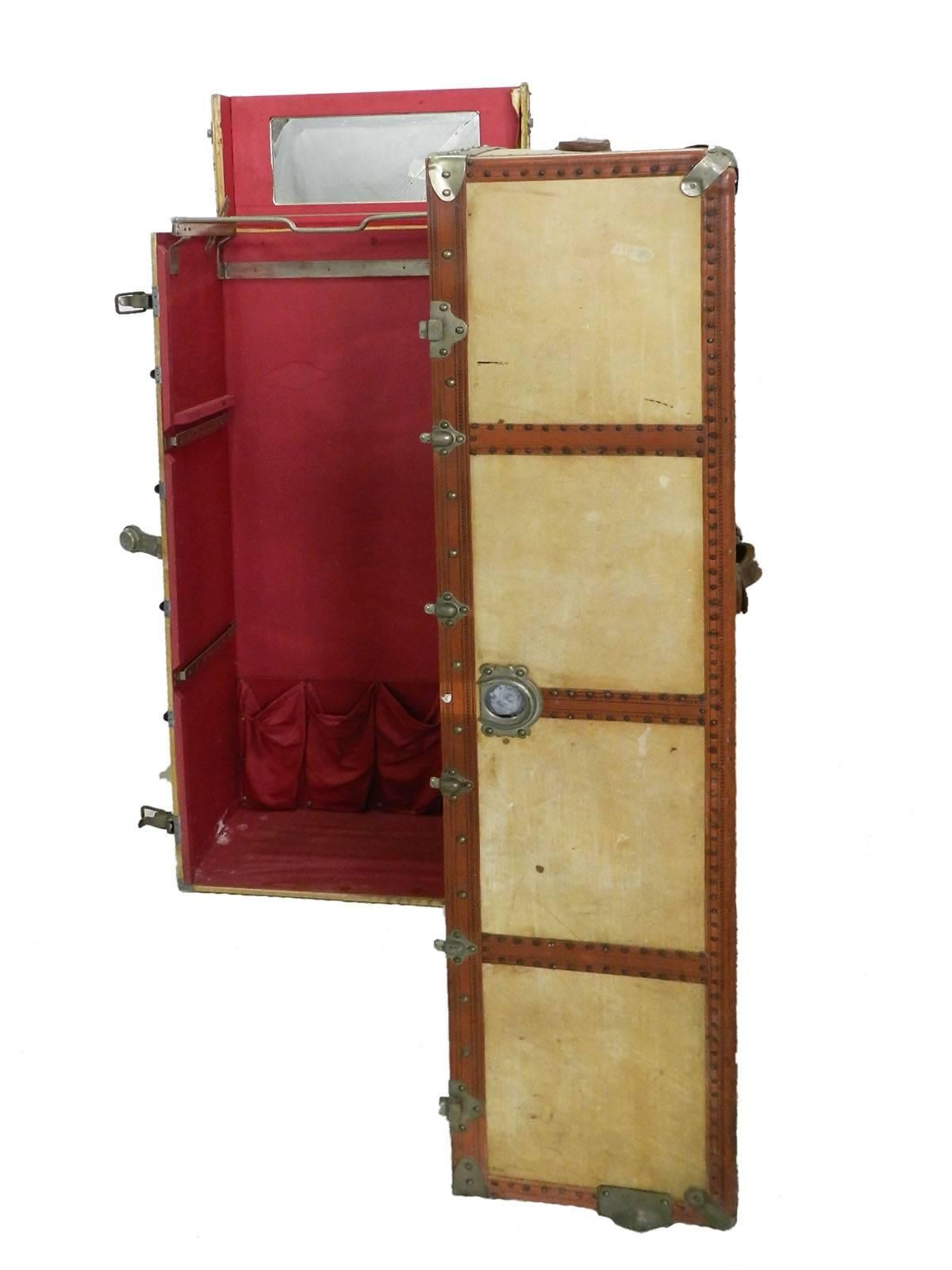 Mid-Century Modern Steamer Trunk Wardrobe French early 20th Century Louis Vitton style For Sale