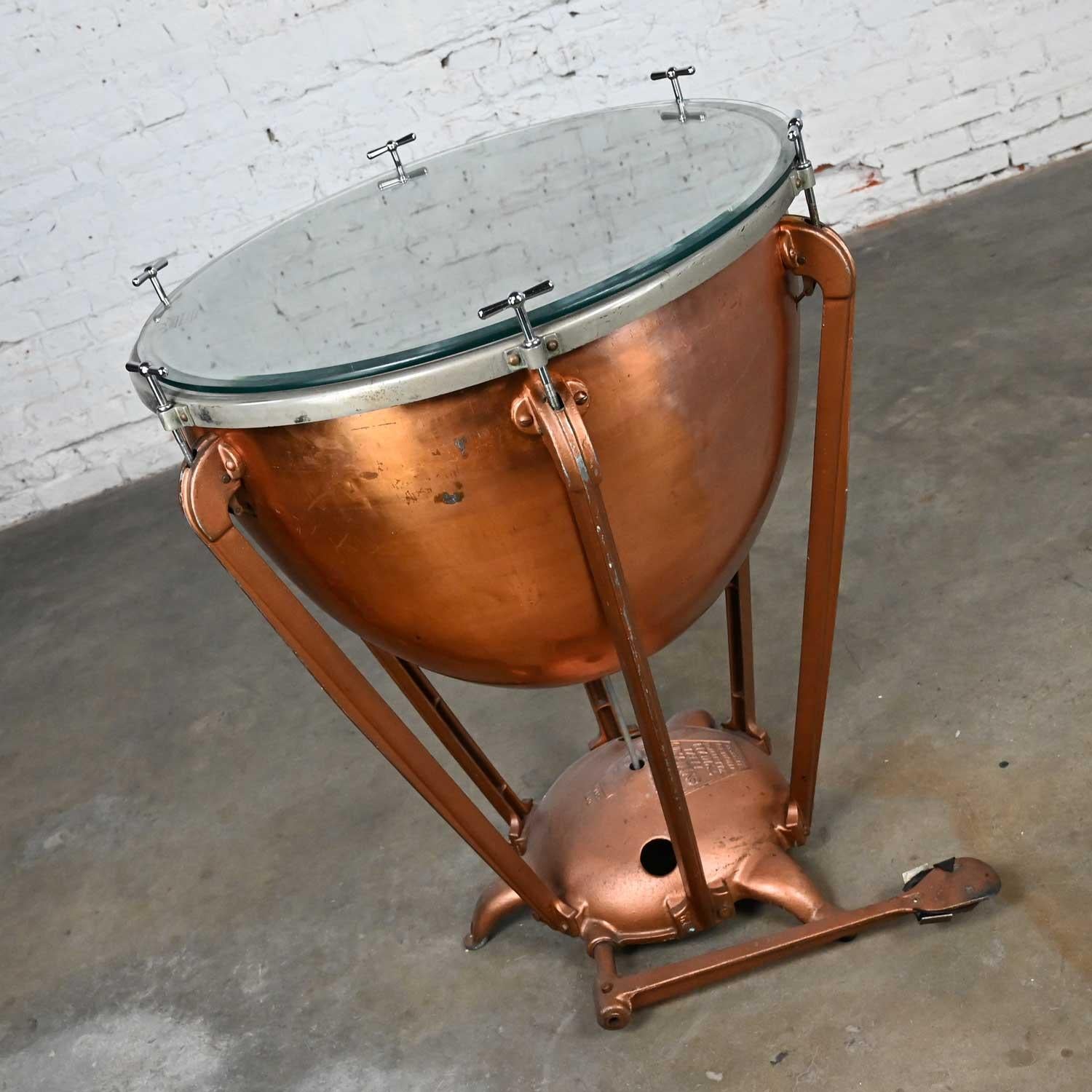 Rustic Steampunk Industrial Copper Timpani Kettle Drum Center Table by WFL Drum Co  For Sale
